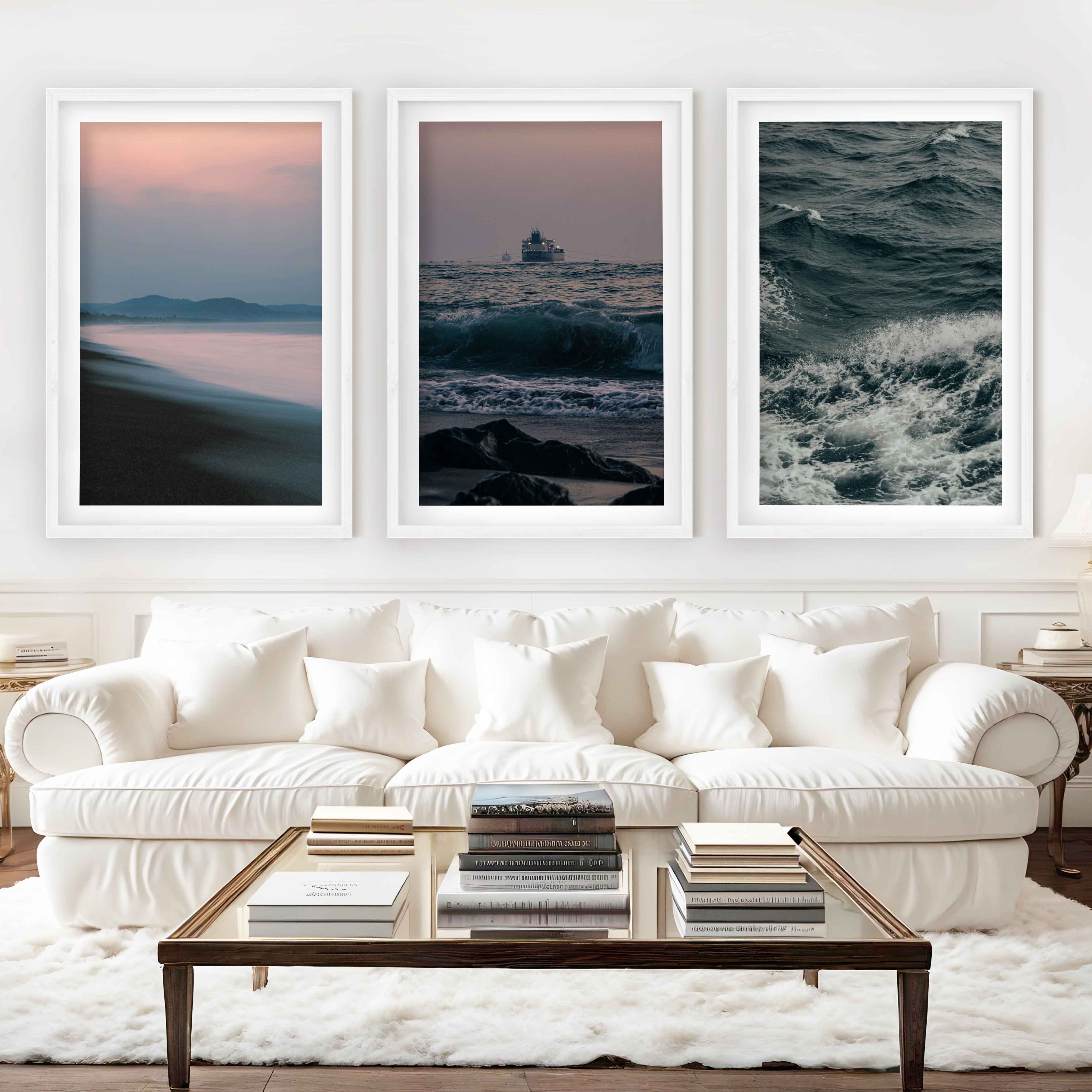 Beach Themed Wall Decor – Ocean Coast, Ship & Sandy Shore (Set of 3) - White Framed Poster with White Border - Artworksets