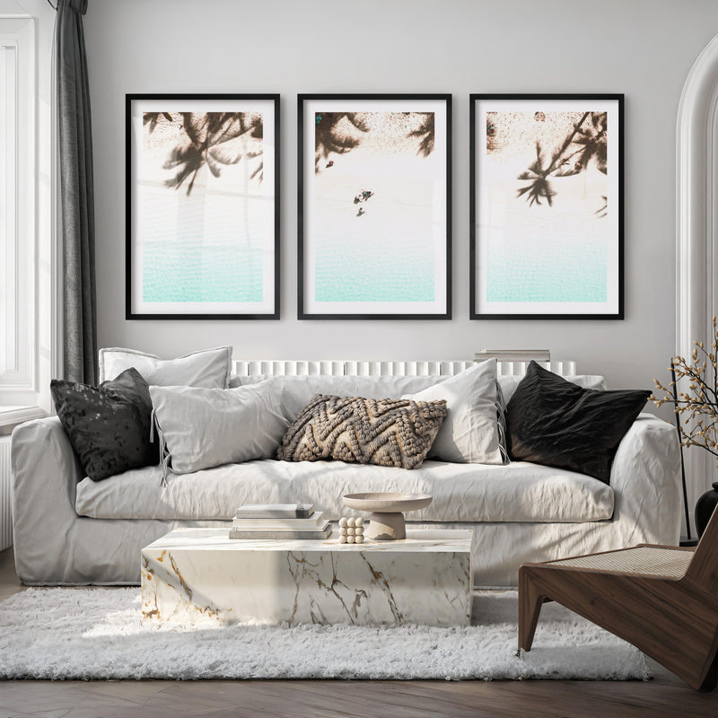 Palm Shadow Beach Themed Wall Pictures - Black Framed Poster with White Border - Artworksets