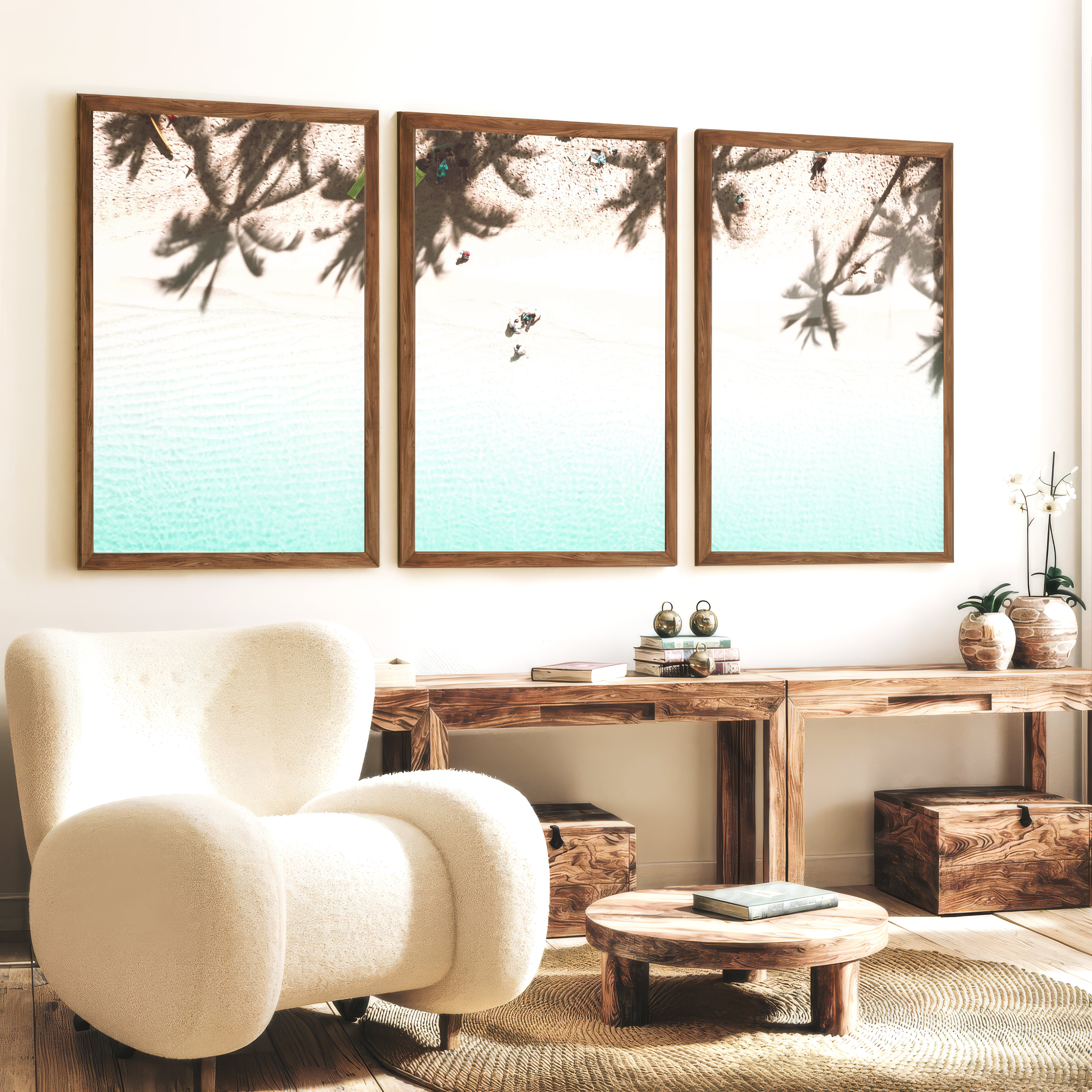 Palm Shadow Beach Themed Wall Pictures - Dark Brown Framed Poster No Border - Artworksets