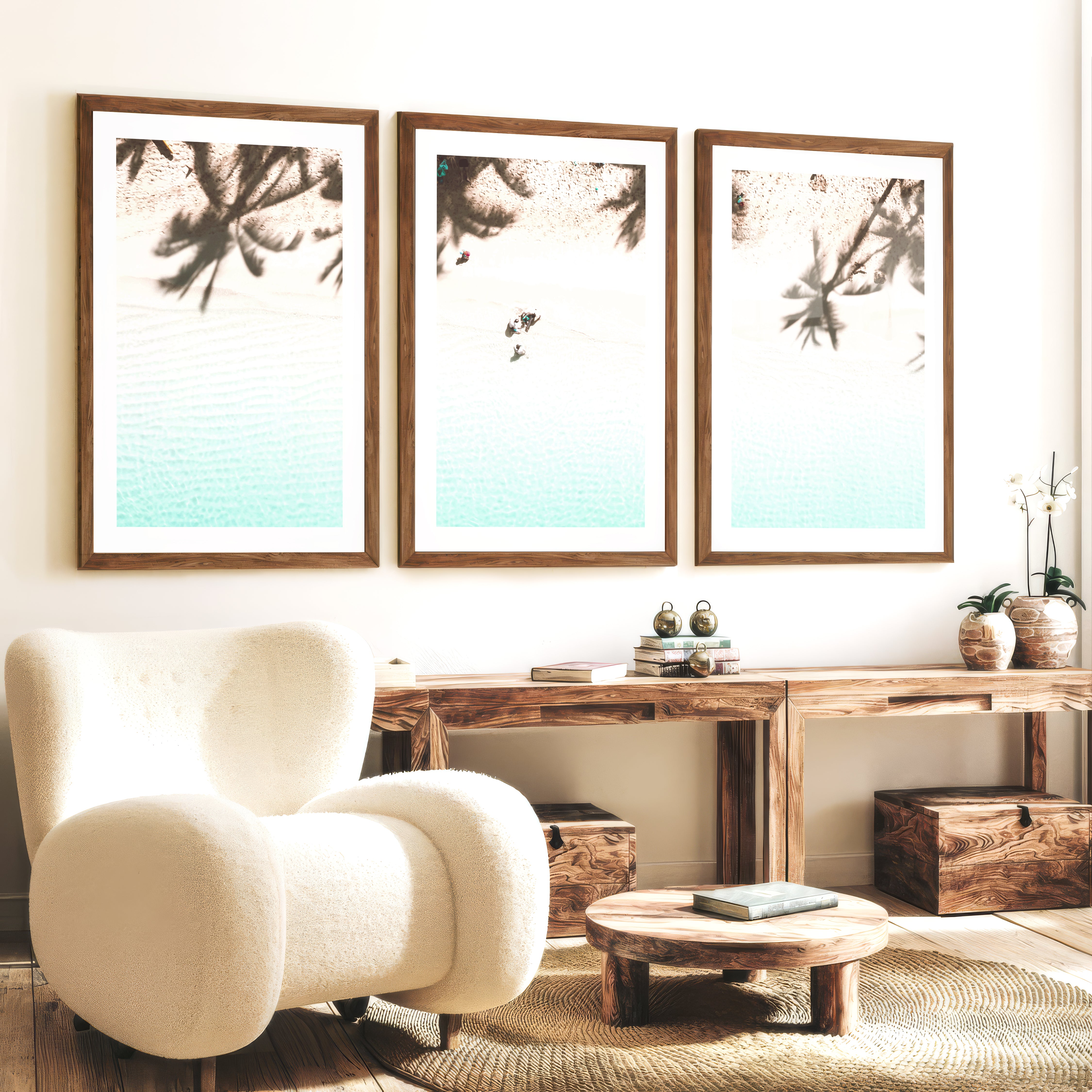Palm Shadow Beach Themed Wall Pictures - Dark Brown Framed Poster with White Border - Artworksets