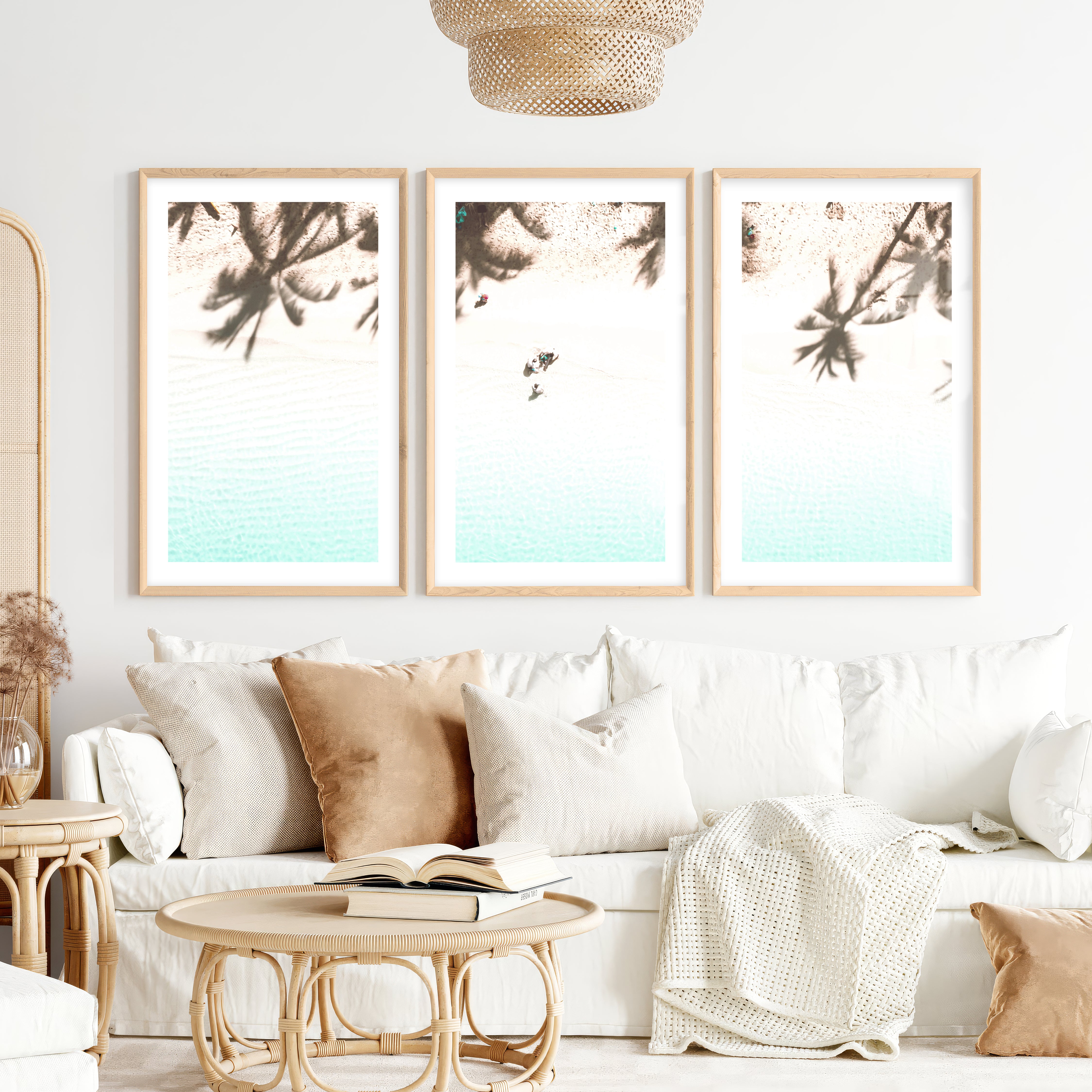 Palm Shadow Beach Themed Wall Pictures- Natural Wood Framed Poster with White Border - Artworksets