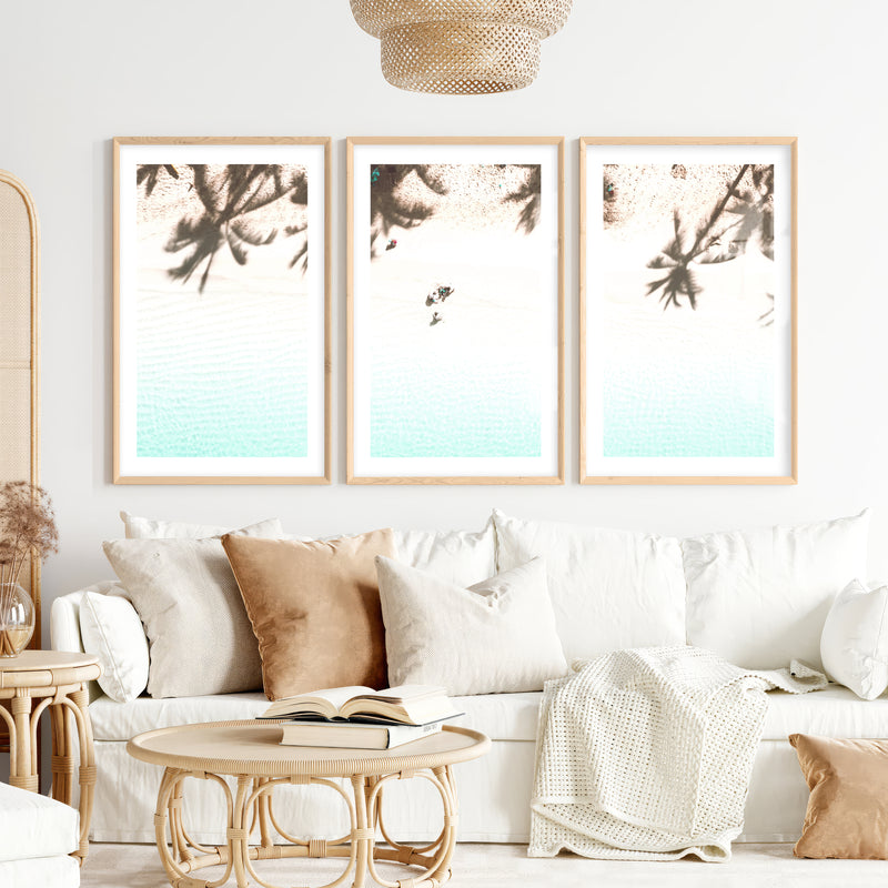 Palm Shadow Beach Themed Wall Pictures- Natural Wood Framed Poster with White Border - Artworksets