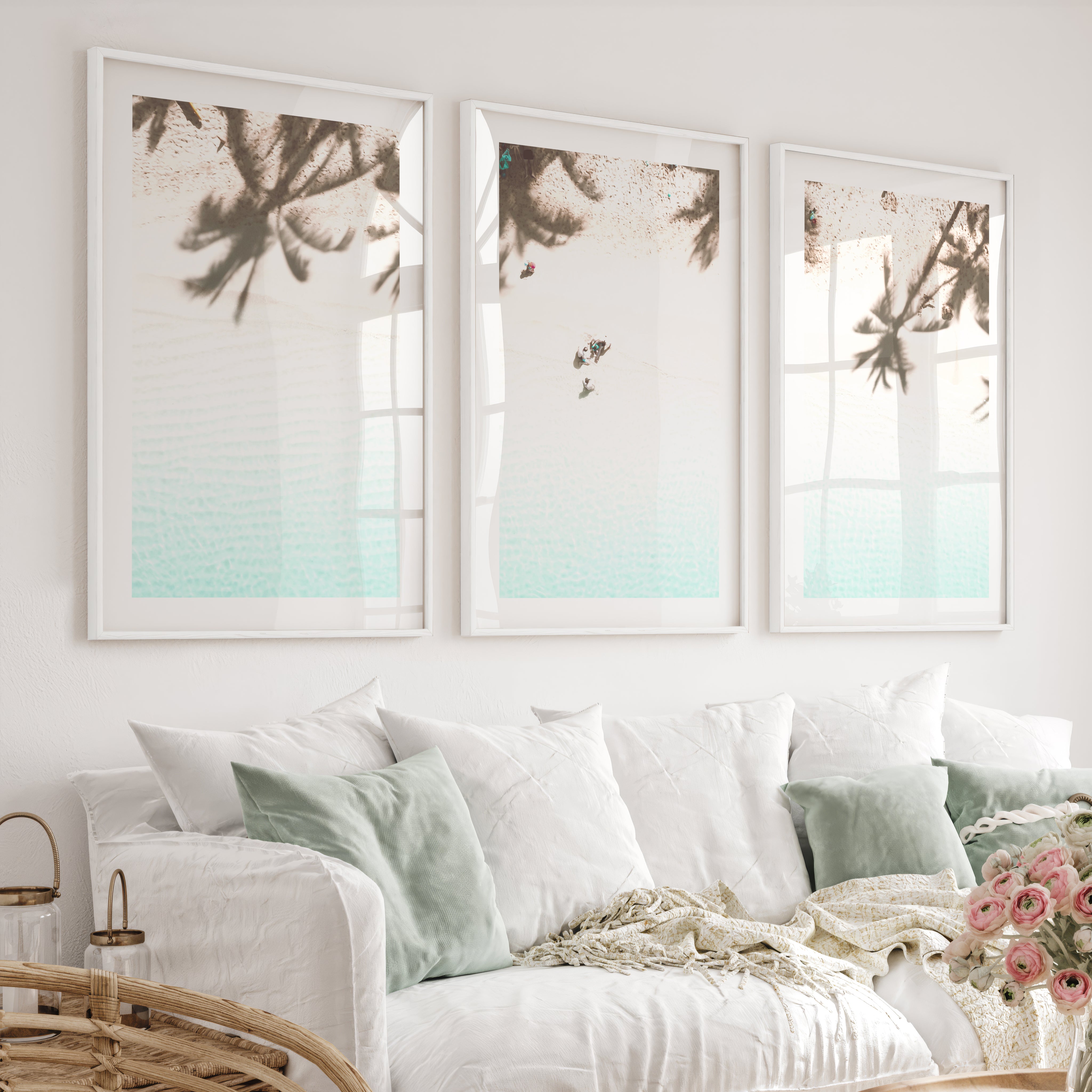 Palm Shadow Beach Themed Wall Pictures - White Framed Poster with White Border - Artworksets