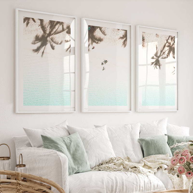Palm Shadow Beach Themed Wall Pictures - White Framed Poster with White Border - Artworksets