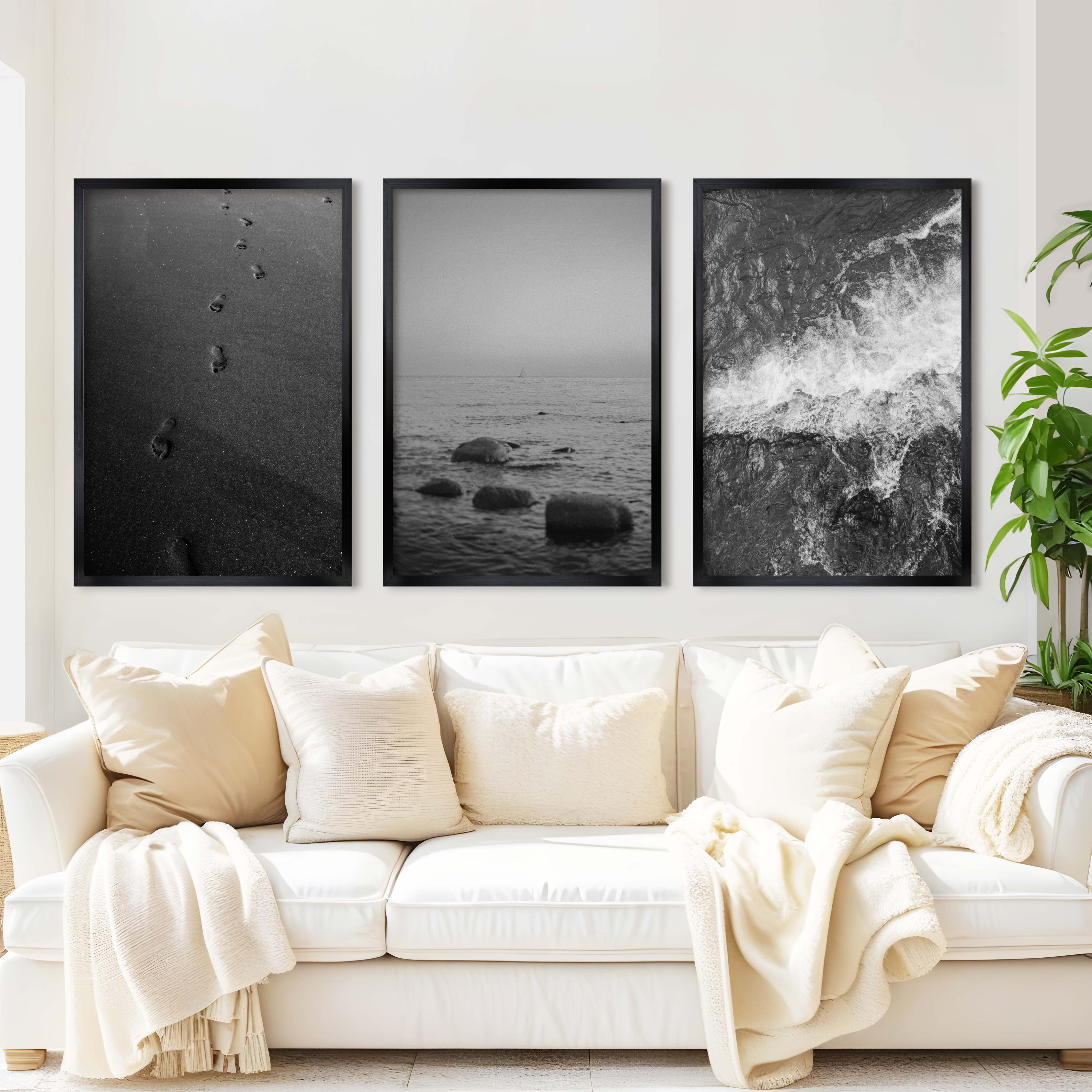 Beach Wall Art – Black & White Coastal Print Set (3 Pieces) - Black Framed Poster No Border - Artworksets