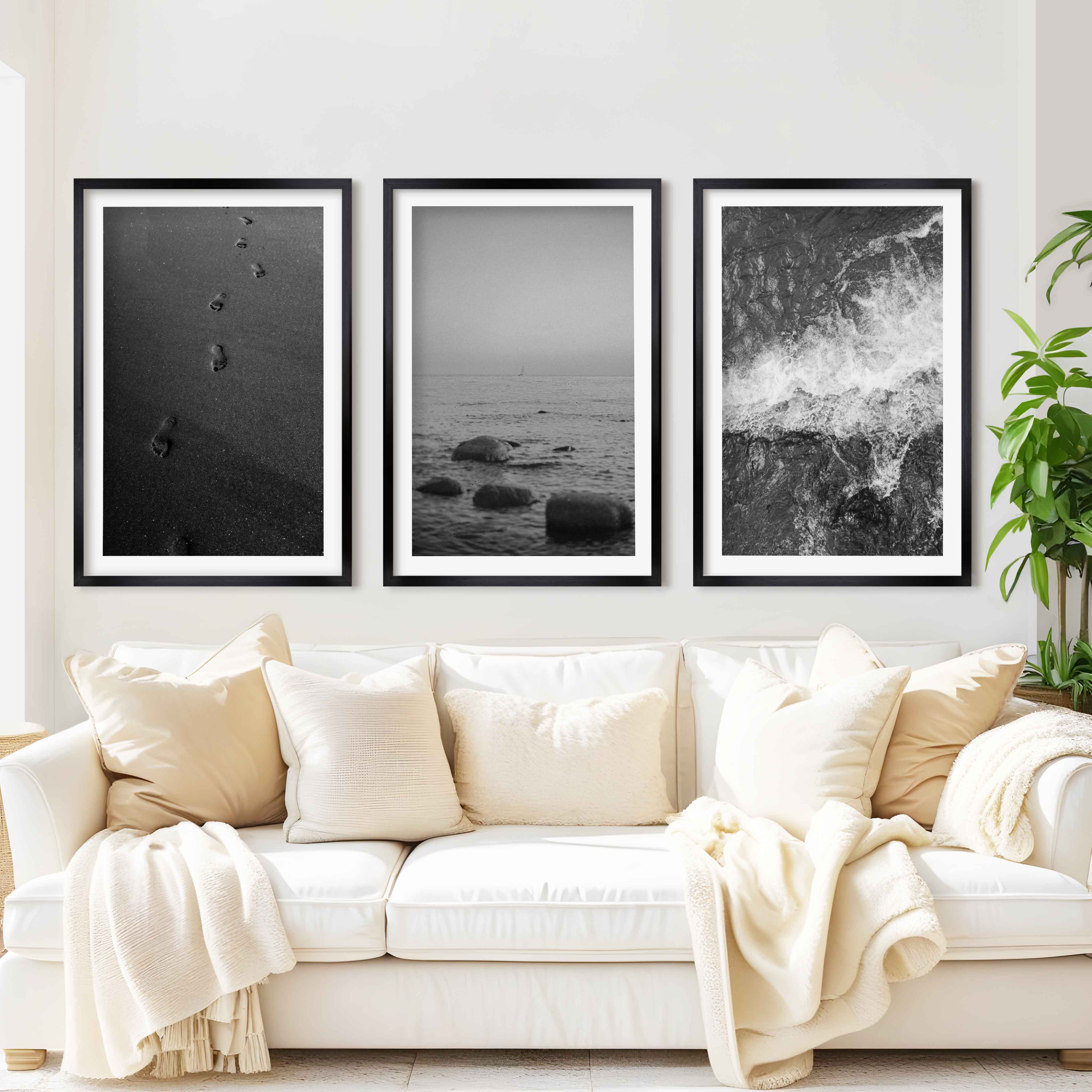 Beach Wall Art – Black & White Coastal Print Set (3 Pieces) - Black Framed Poster with White Border - Artworksets