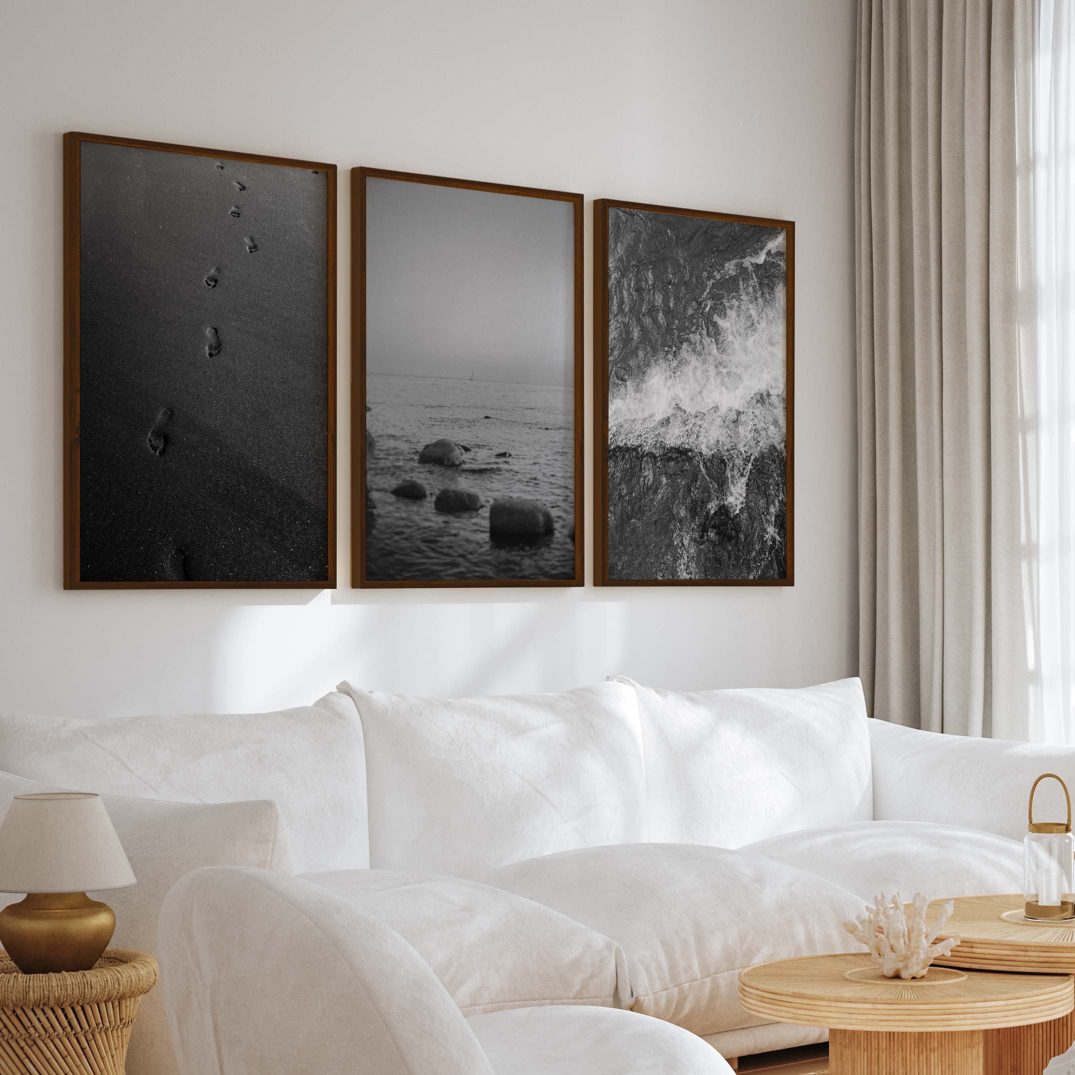 Beach Wall Art – Black & White Coastal Print Set (3 Pieces) - Dark Brown Framed Poster No Border - Artworksets