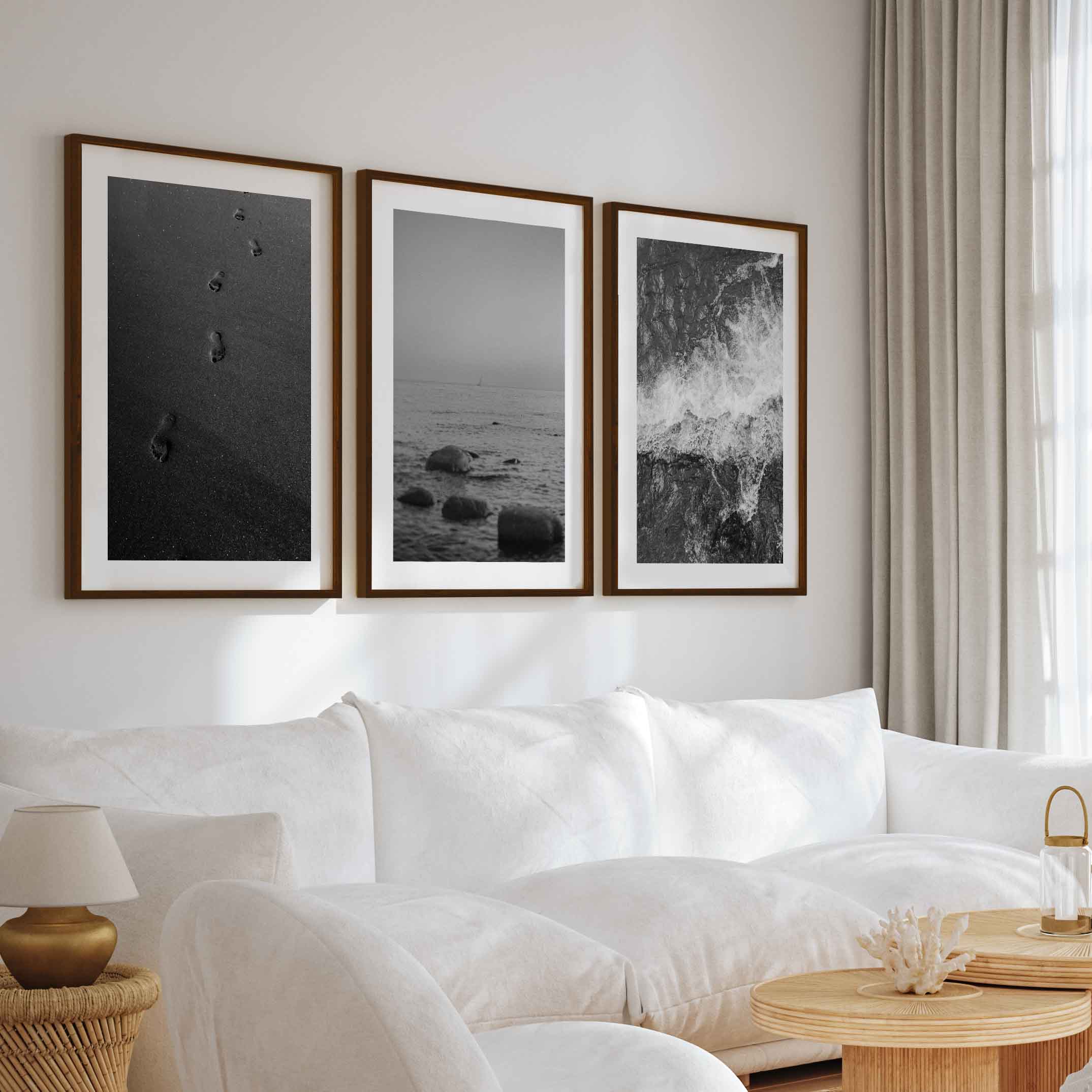 Beach Wall Art – Black & White Coastal Print Set (3 Pieces) - Dark Brown Framed Poster with White Border - Artworksets
