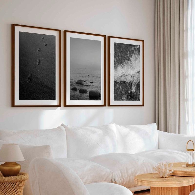 Beach Wall Art – Black & White Coastal Print Set (3 Pieces) - Dark Brown Framed Poster with White Border - Artworksets