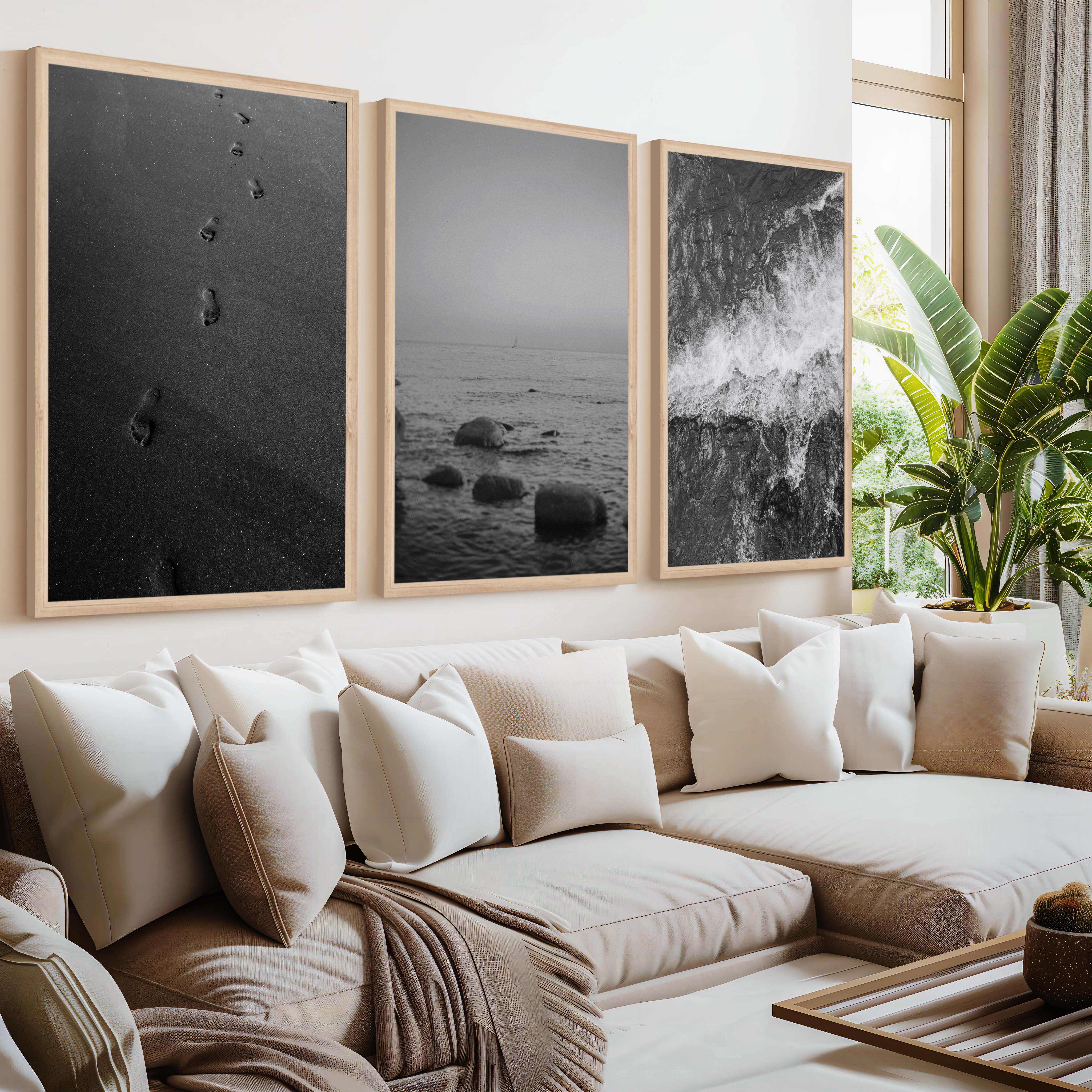 Beach Wall Art – Black & White Coastal Print Set (3 Pieces) - Natural Wood Framed Poster No Border - Artworksets