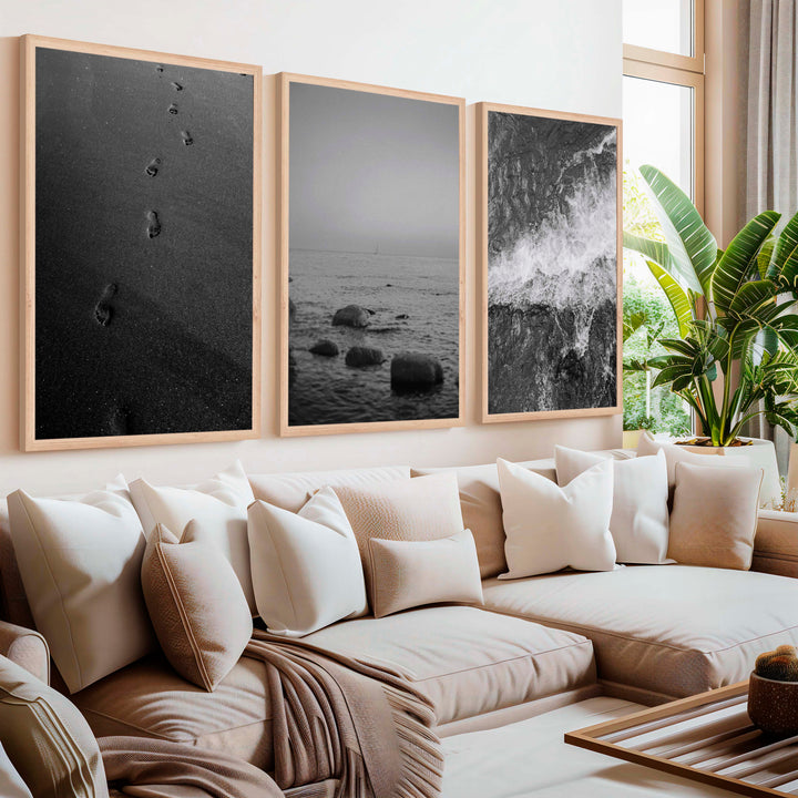 Beach Wall Art – Black & White Coastal Print Set (3 Pieces) - Natural Wood Framed Poster No Border - Artworksets