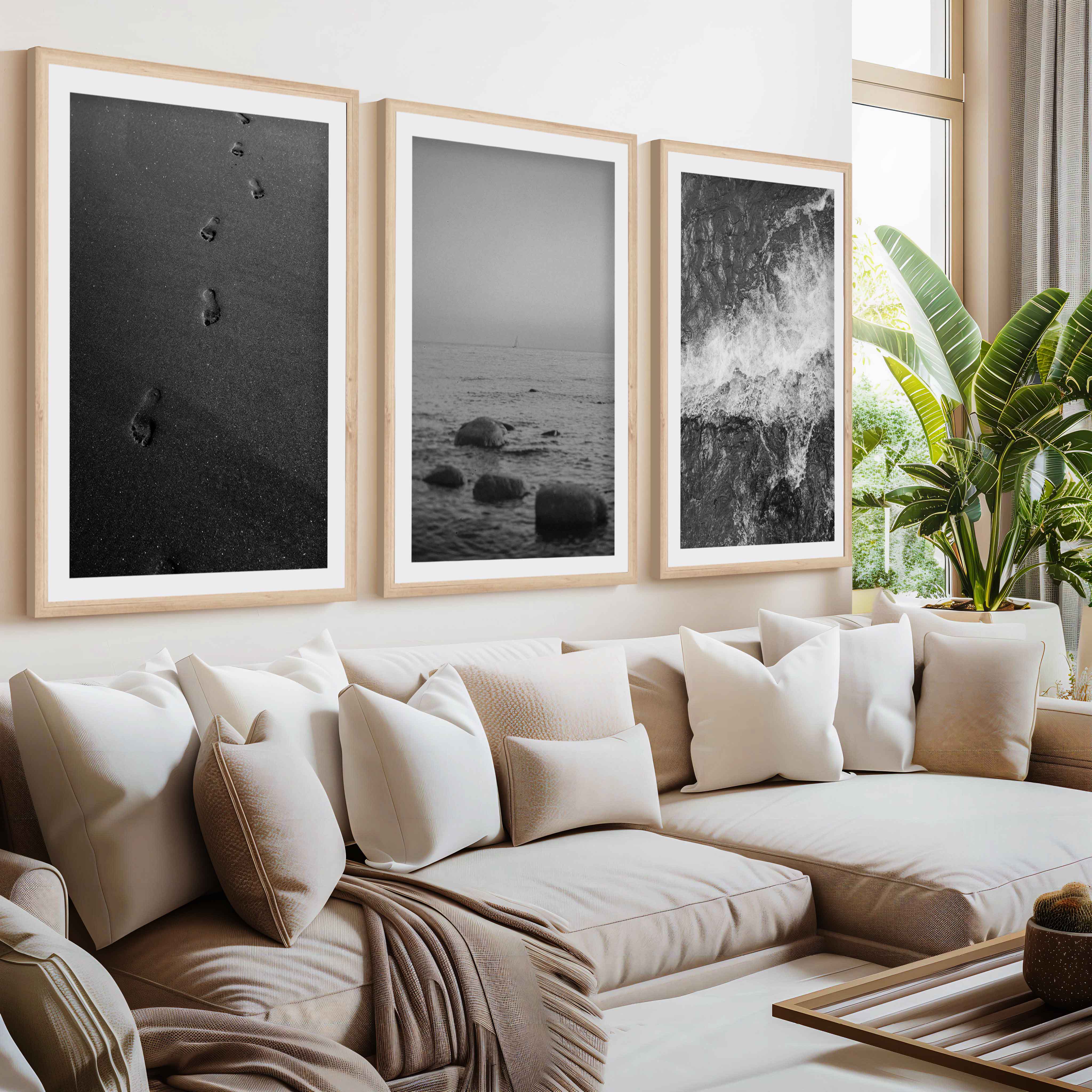 Beach Wall Art – Black & White Coastal Print Set (3 Pieces)- Natural Wood Framed Poster with White Border - Artworksets