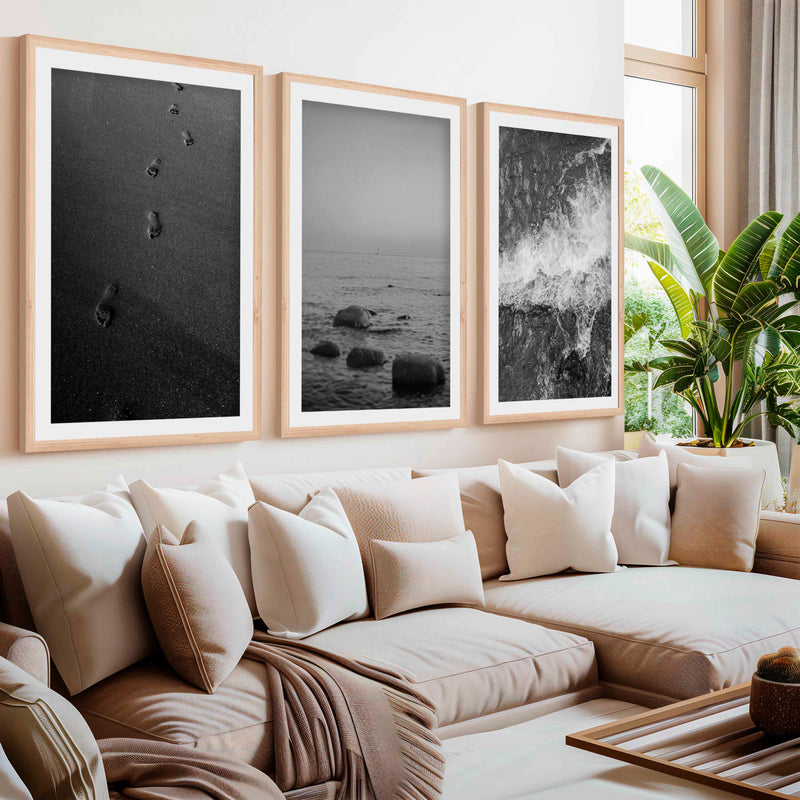 Beach Wall Art – Black & White Coastal Print Set (3 Pieces)- Natural Wood Framed Poster with White Border - Artworksets