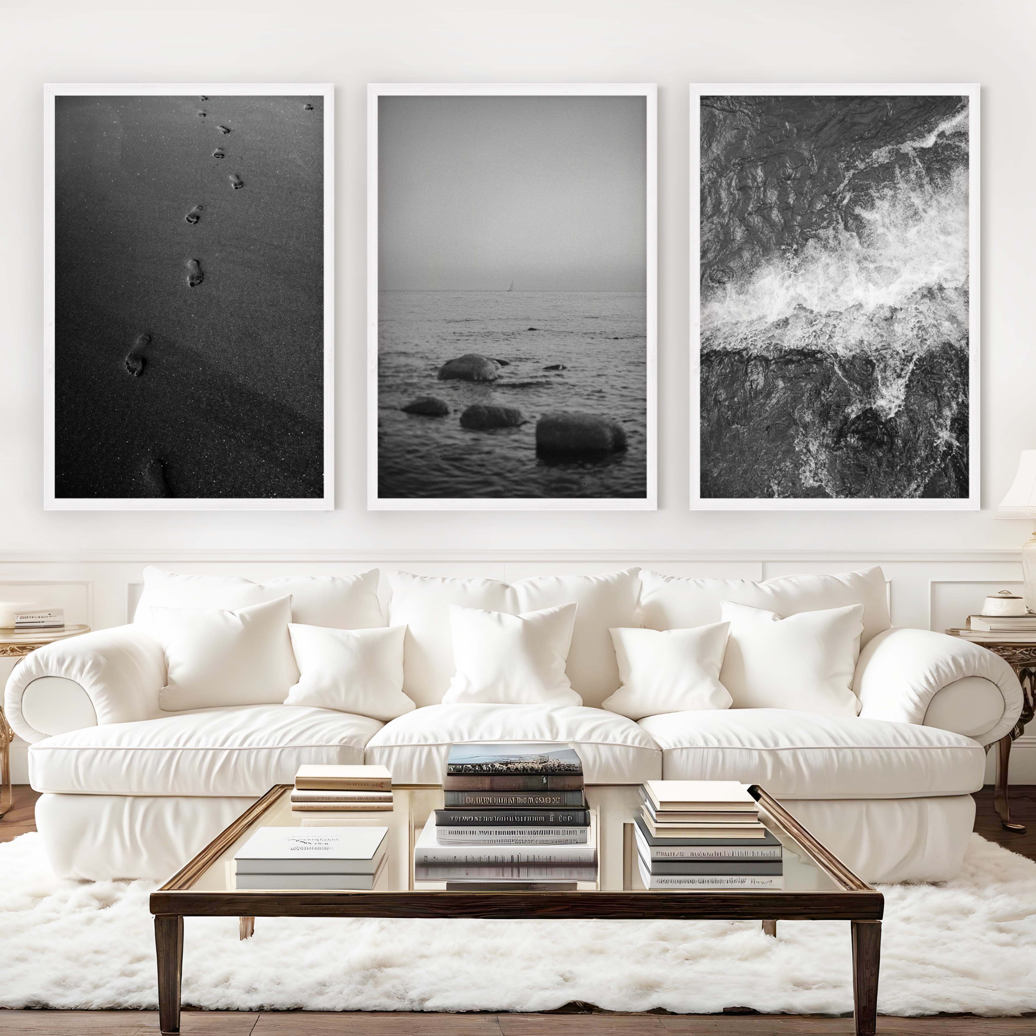 Beach Wall Art – Black & White Coastal Print Set (3 Pieces) - White Framed Poster No Border - Artworksets