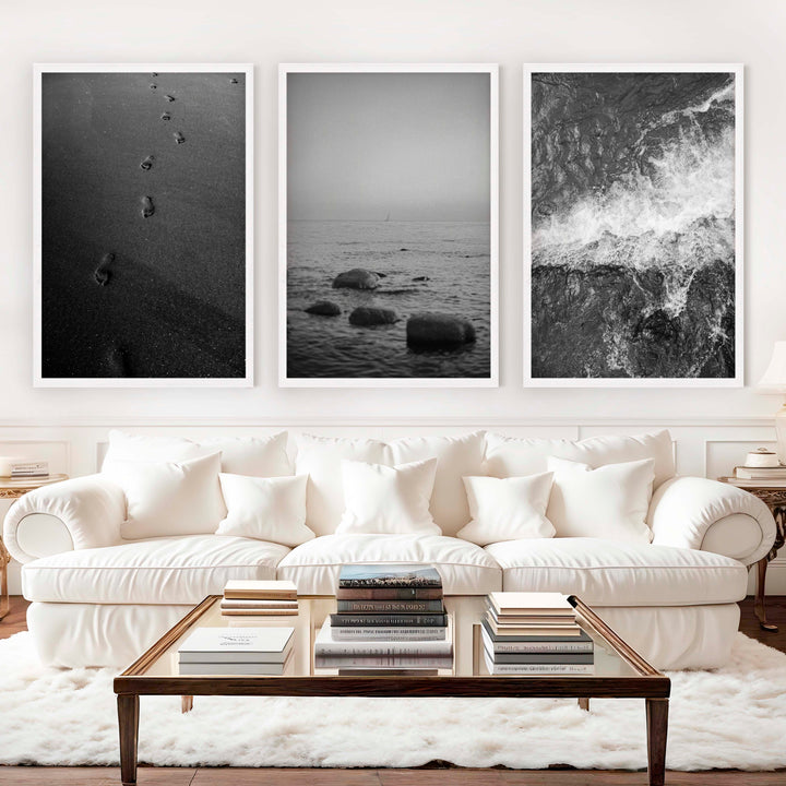 Beach Wall Art – Black & White Coastal Print Set (3 Pieces) - White Framed Poster No Border - Artworksets