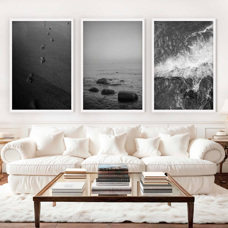 Beach Wall Art – Black & White Coastal Print Set (3 Pieces) - White Framed Poster No Border - Artworksets