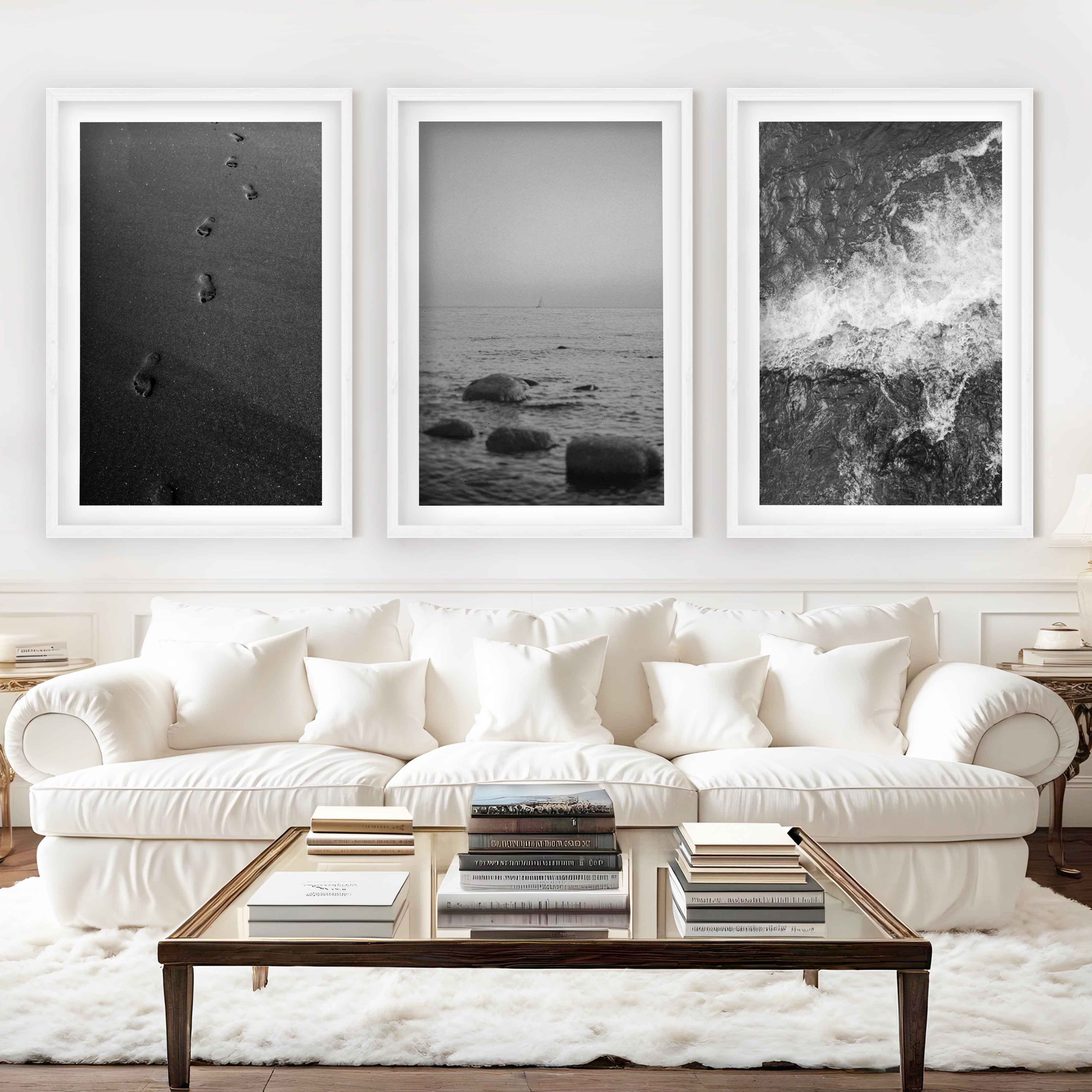Beach Wall Art – Black & White Coastal Print Set (3 Pieces) - White Framed Poster with White Border - Artworksets