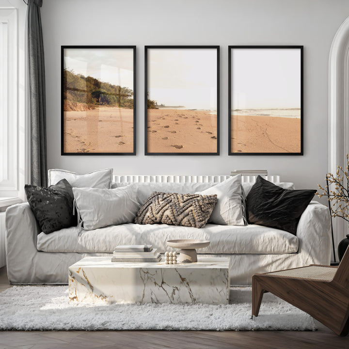 Golden Footprints beach wall art painting - Black Framed Poster No Border - Artworksets