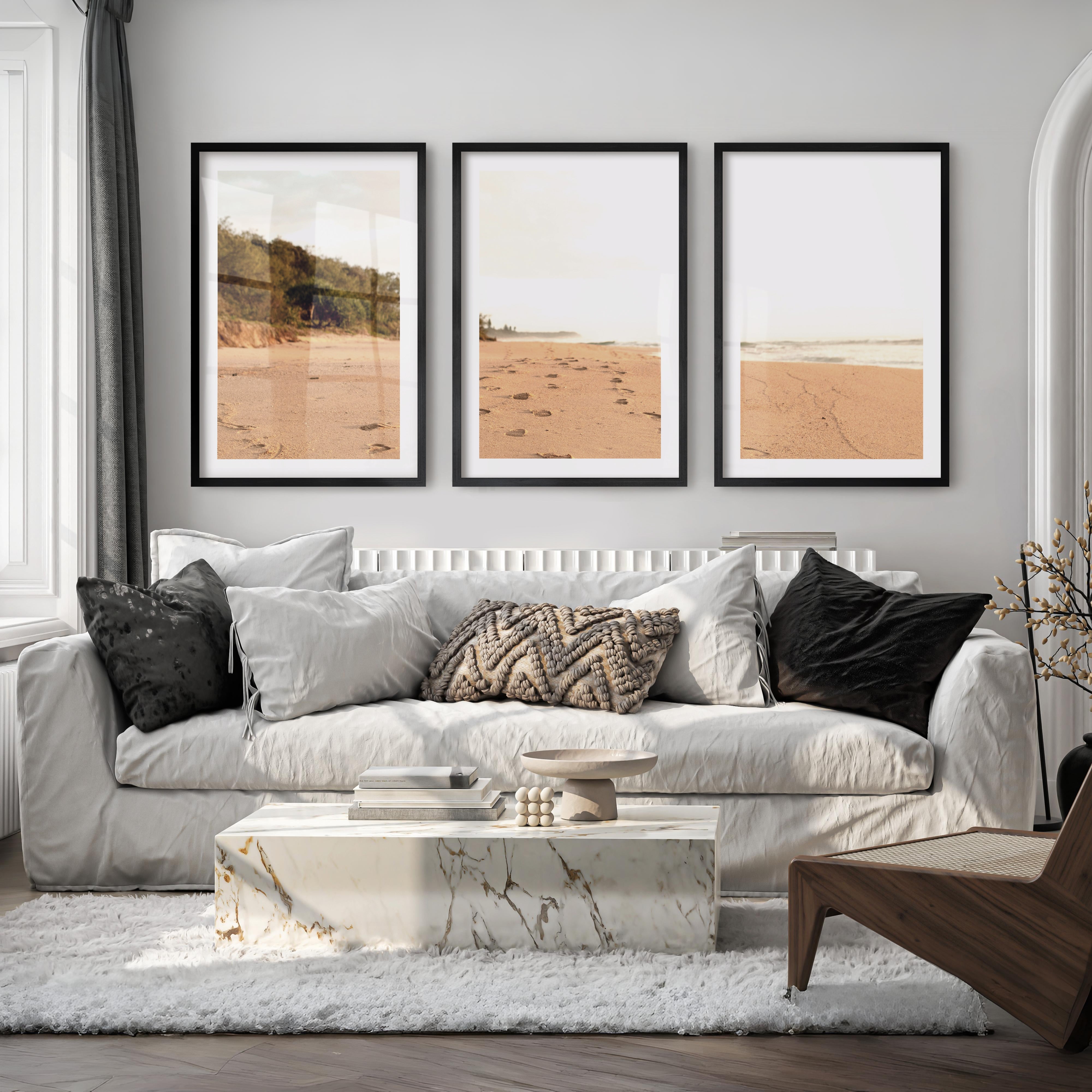 Golden Footprints beach wall art painting - Black Framed Poster with White Border - Artworksets
