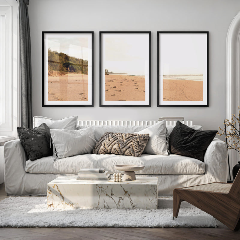 Golden Footprints beach wall art painting - Black Framed Poster with White Border - Artworksets