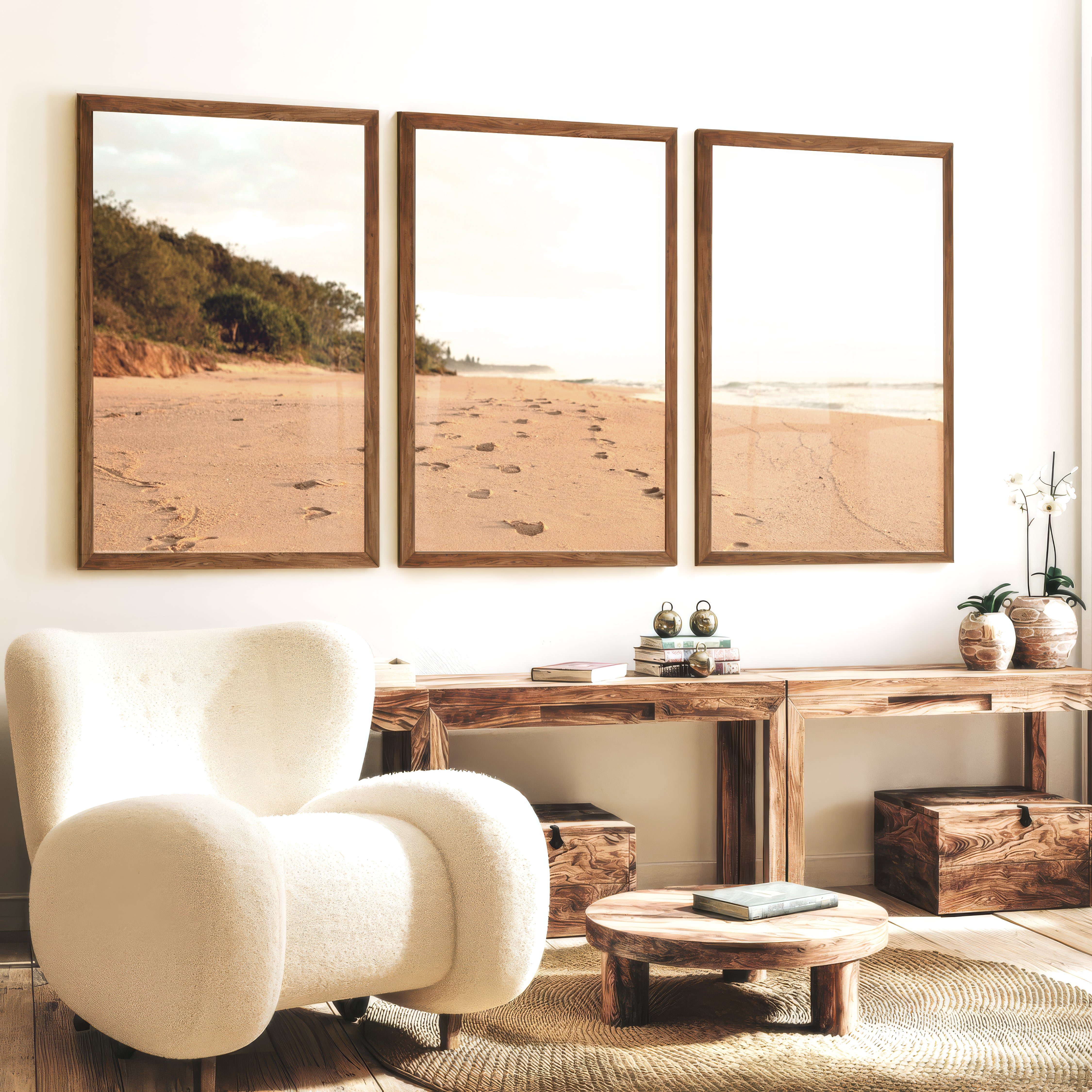 Golden Footprints beach wall art painting - Dark Brown Framed Poster No Border - Artworksets