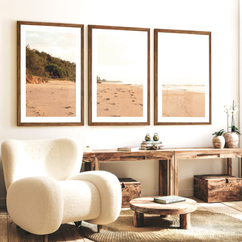Golden Footprints beach wall art painting - Dark Brown Framed Poster with White Border - Artworksets