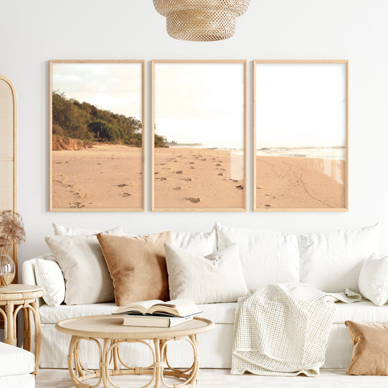 Golden Footprints beach wall art painting - Natural Wood Framed Poster No Border - Artworksets
