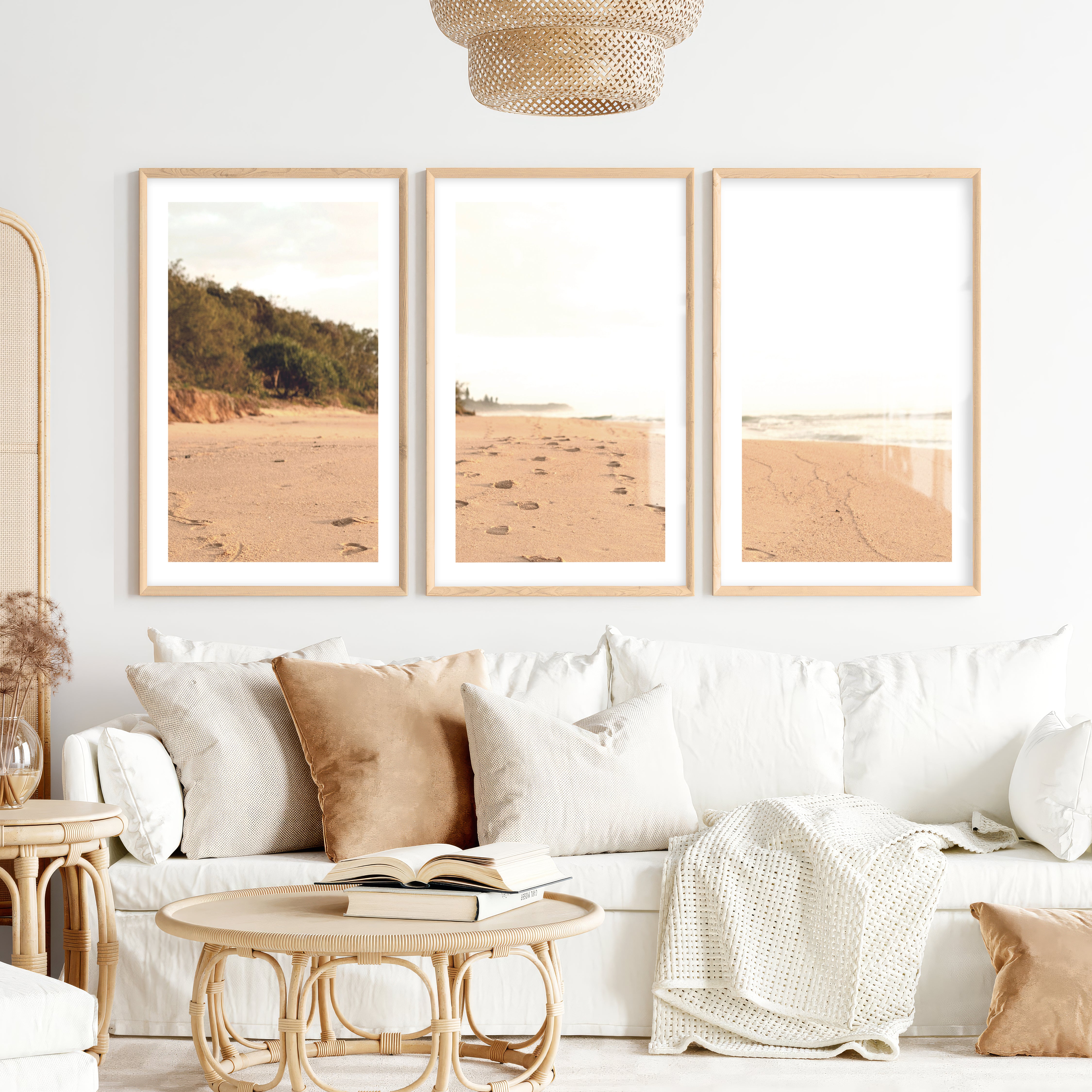 Golden Footprints beach wall art painting- Natural Wood Framed Poster with White Border - Artworksets