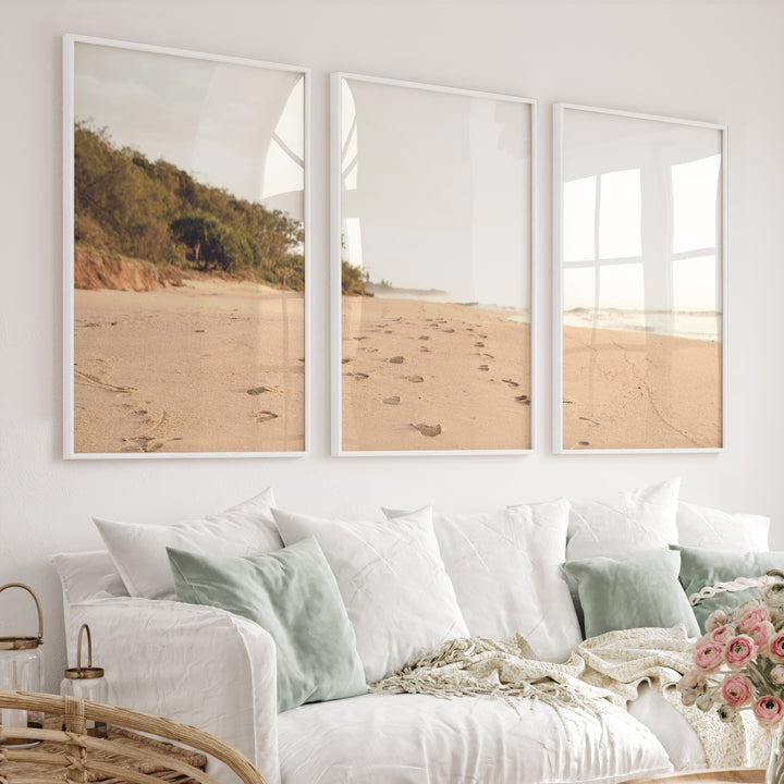 Golden Footprints beach wall art painting - White Framed Poster No Border - Artworksets