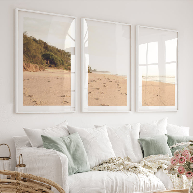 Golden Footprints beach wall art painting - White Framed Poster with White Border - Artworksets