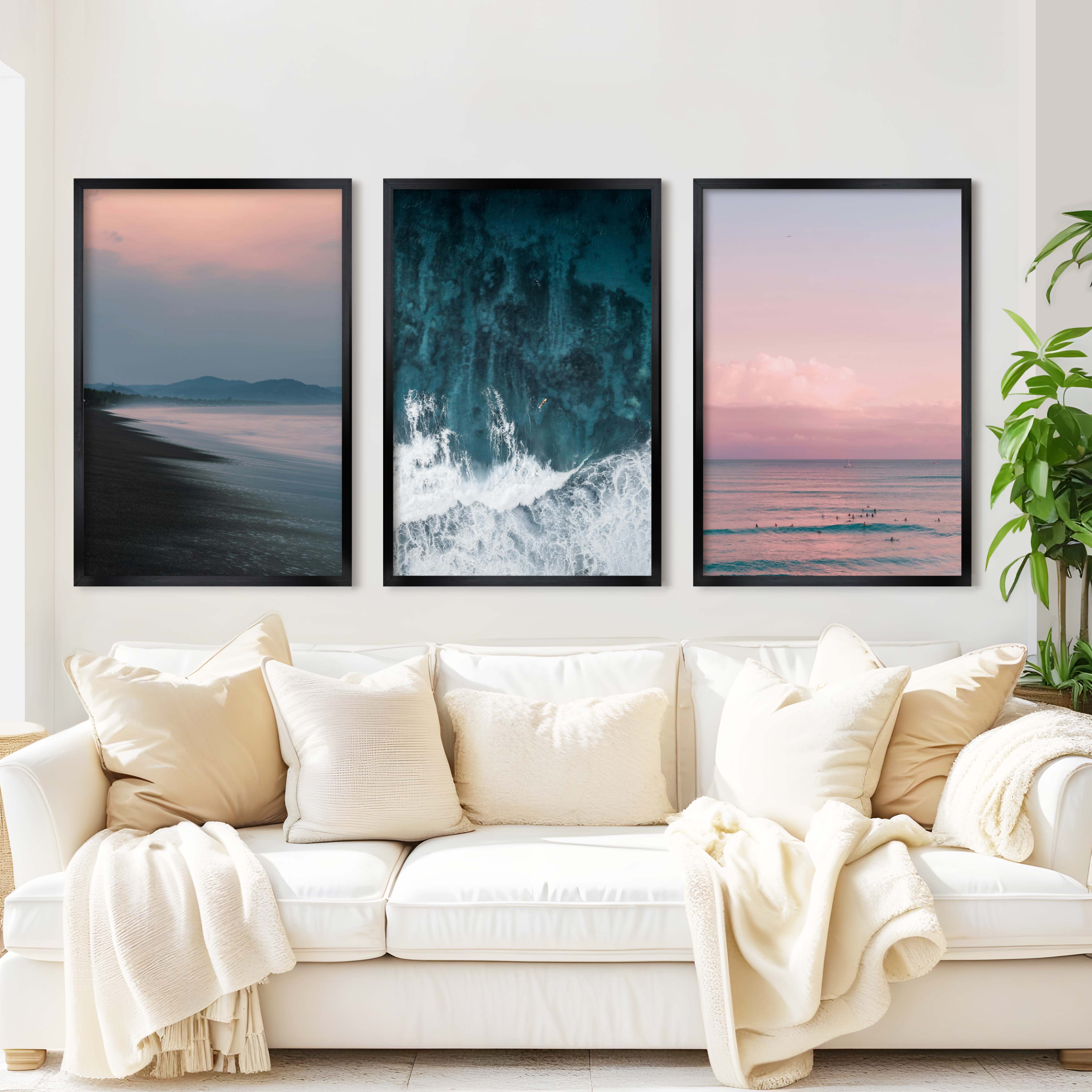 Beach Wall Art – Pink Sunset Over Ocean Shore (Set of 3) - Black Framed Poster No Border - Artworksets