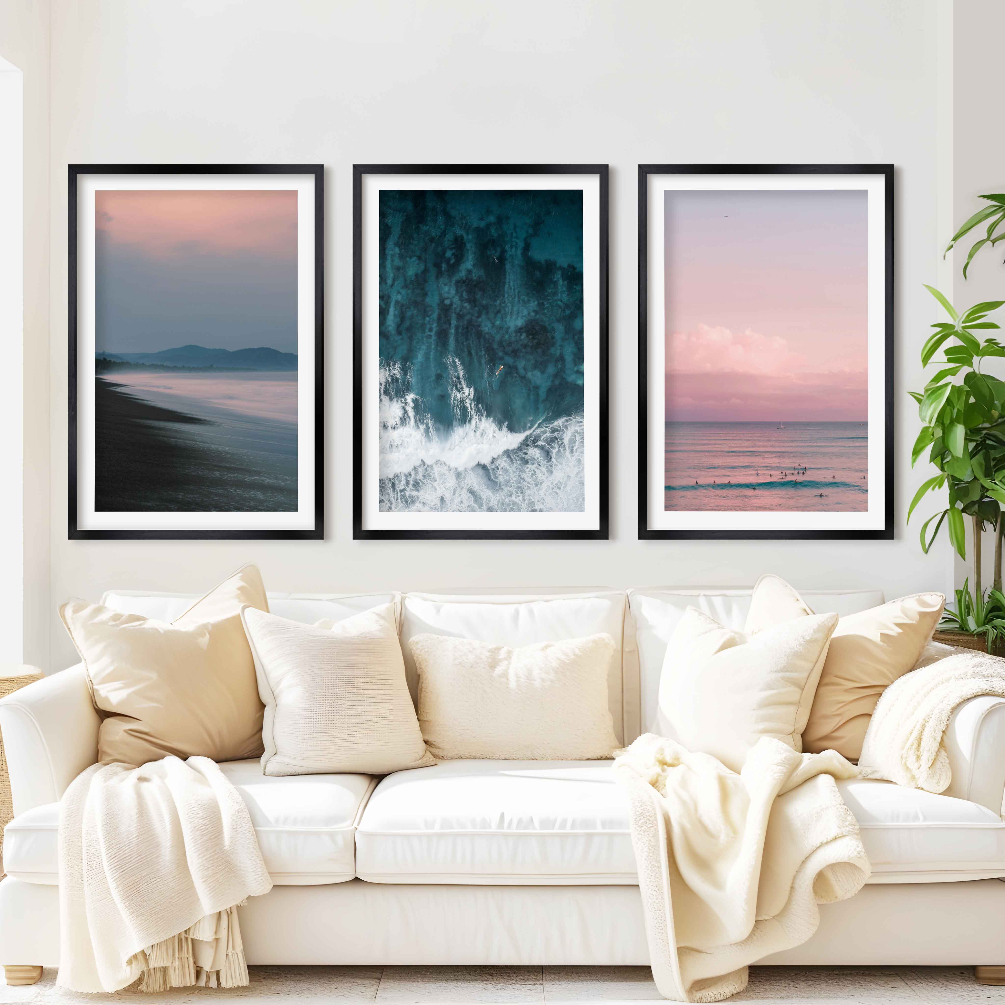 Beach Wall Art – Pink Sunset Over Ocean Shore (Set of 3) - Black Framed Poster with White Border - Artworksets