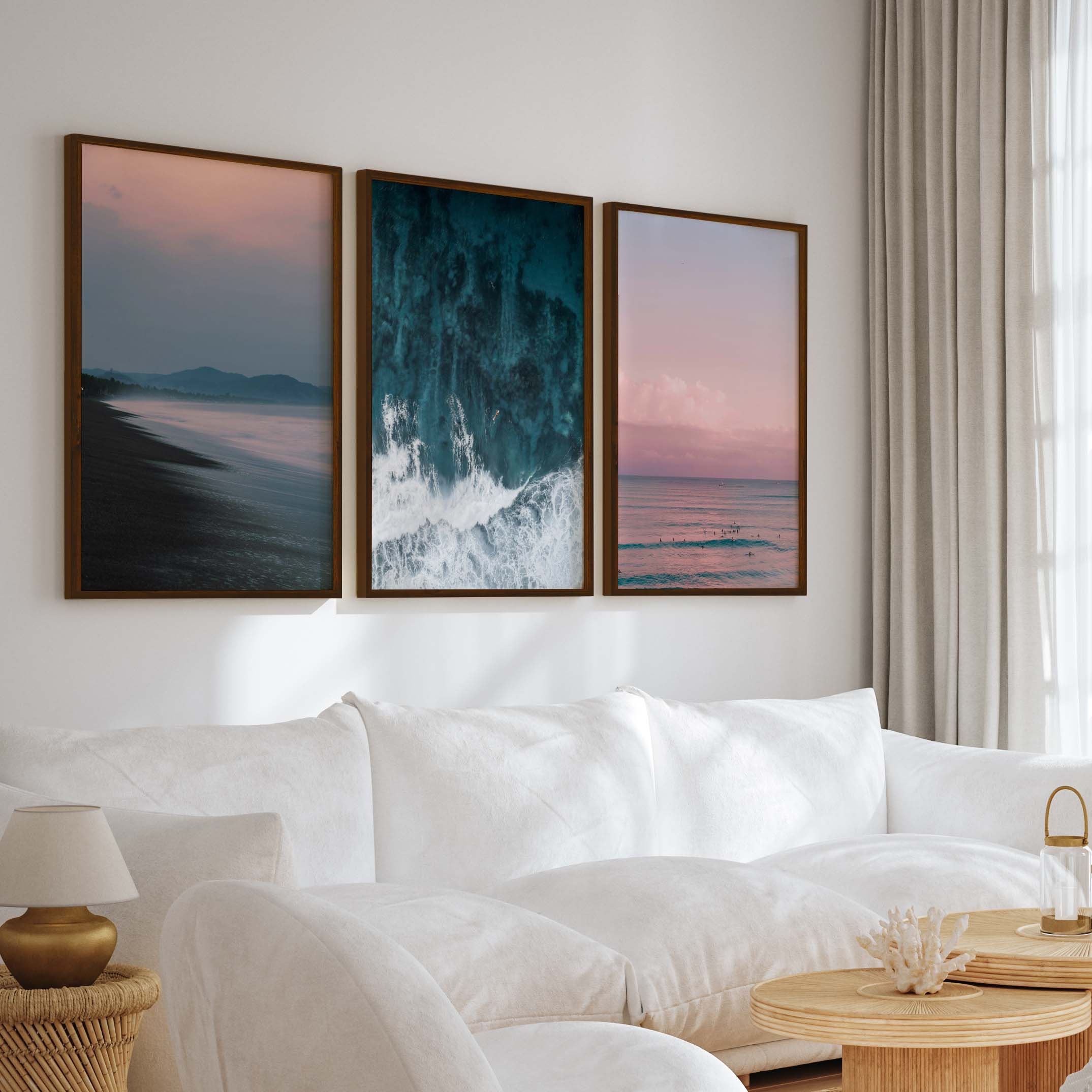 Beach Wall Art – Pink Sunset Over Ocean Shore (Set of 3) - Dark Brown Framed Poster No Border - Artworksets