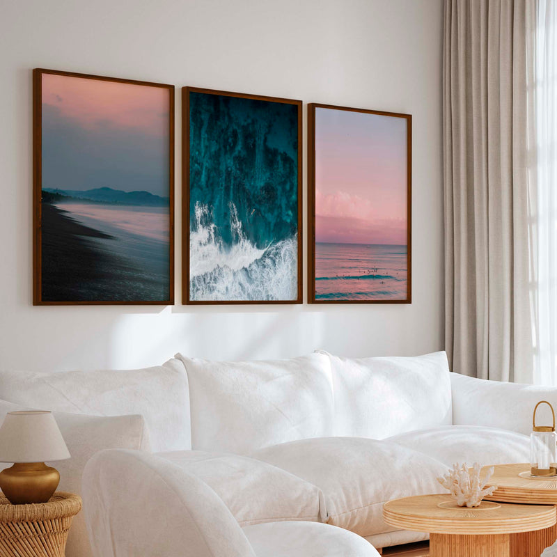 Beach Wall Art – Pink Sunset Over Ocean Shore (Set of 3) - Dark Brown Framed Poster No Border - Artworksets