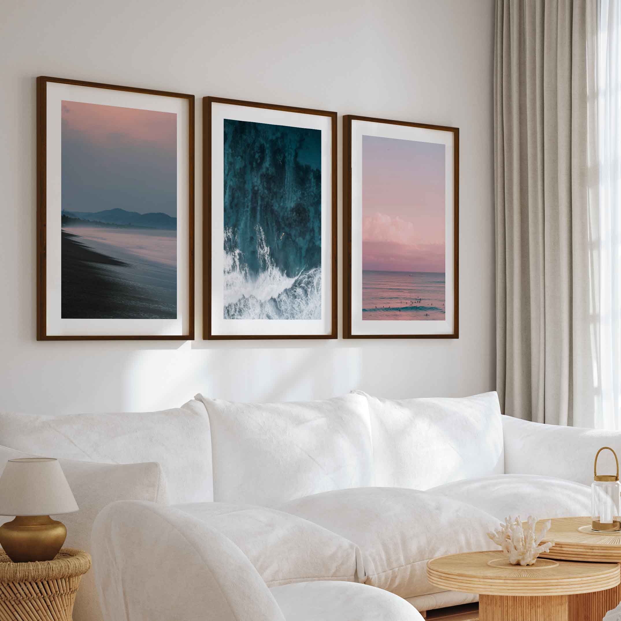 Beach Wall Art – Pink Sunset Over Ocean Shore (Set of 3) - Dark Brown Framed Poster with White Border - Artworksets