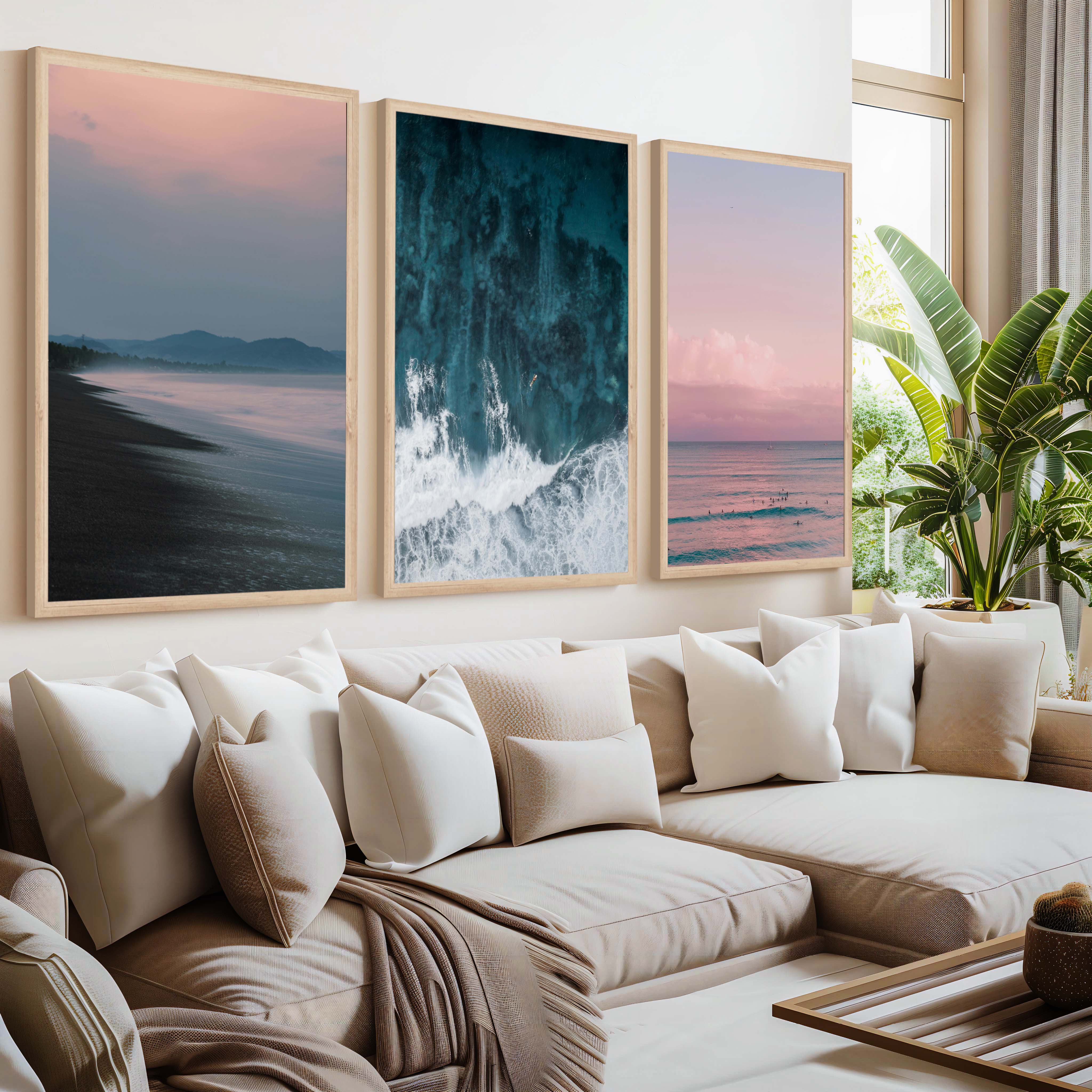 Beach Wall Art – Pink Sunset Over Ocean Shore (Set of 3) - Natural Wood Framed Poster No Border - Artworksets