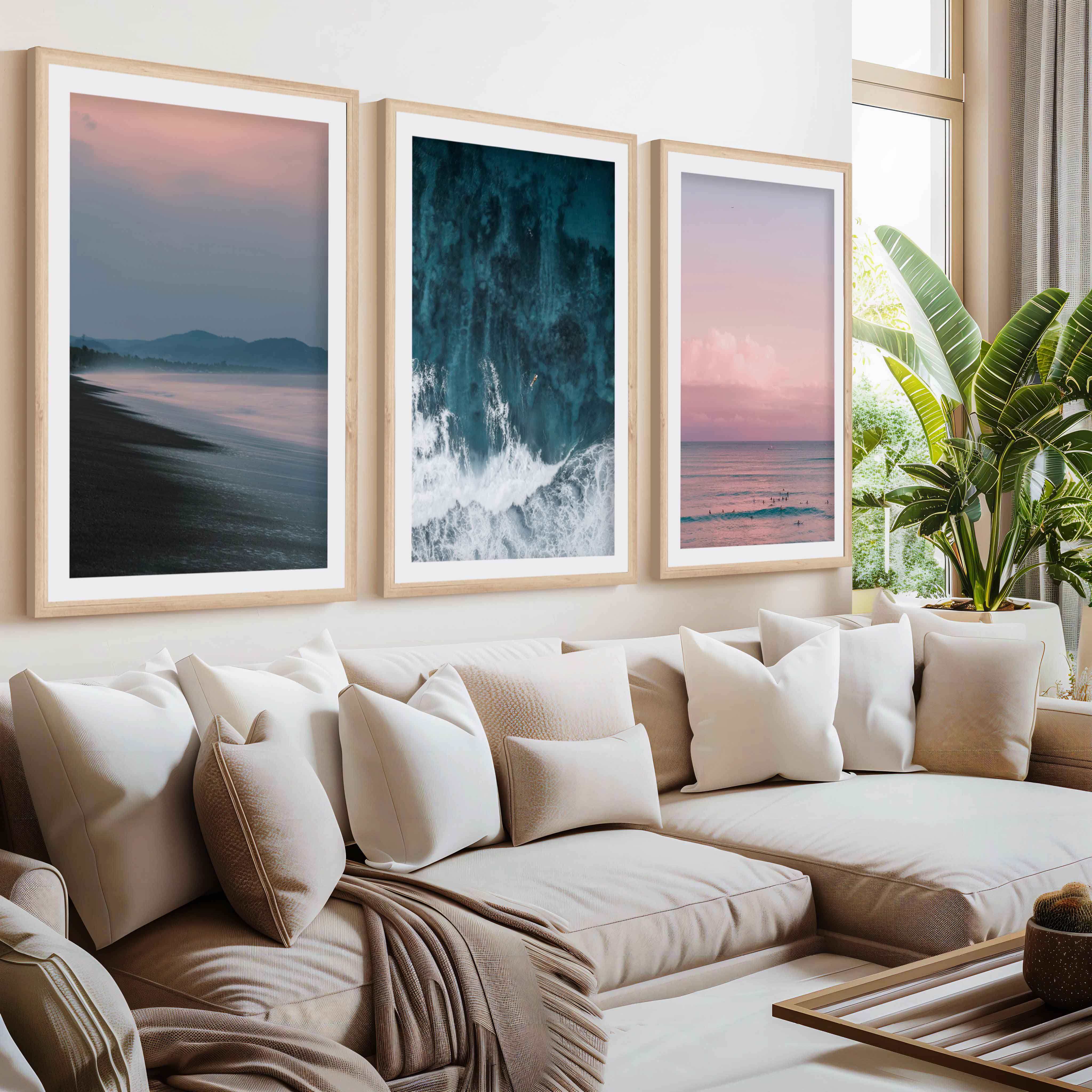 Beach Wall Art – Pink Sunset Over Ocean Shore (Set of 3)- Natural Wood Framed Poster with White Border - Artworksets