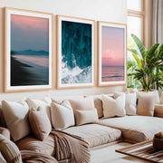 Beach Wall Art – Pink Sunset Over Ocean Shore (Set of 3)- Natural Wood Framed Poster with White Border - Artworksets