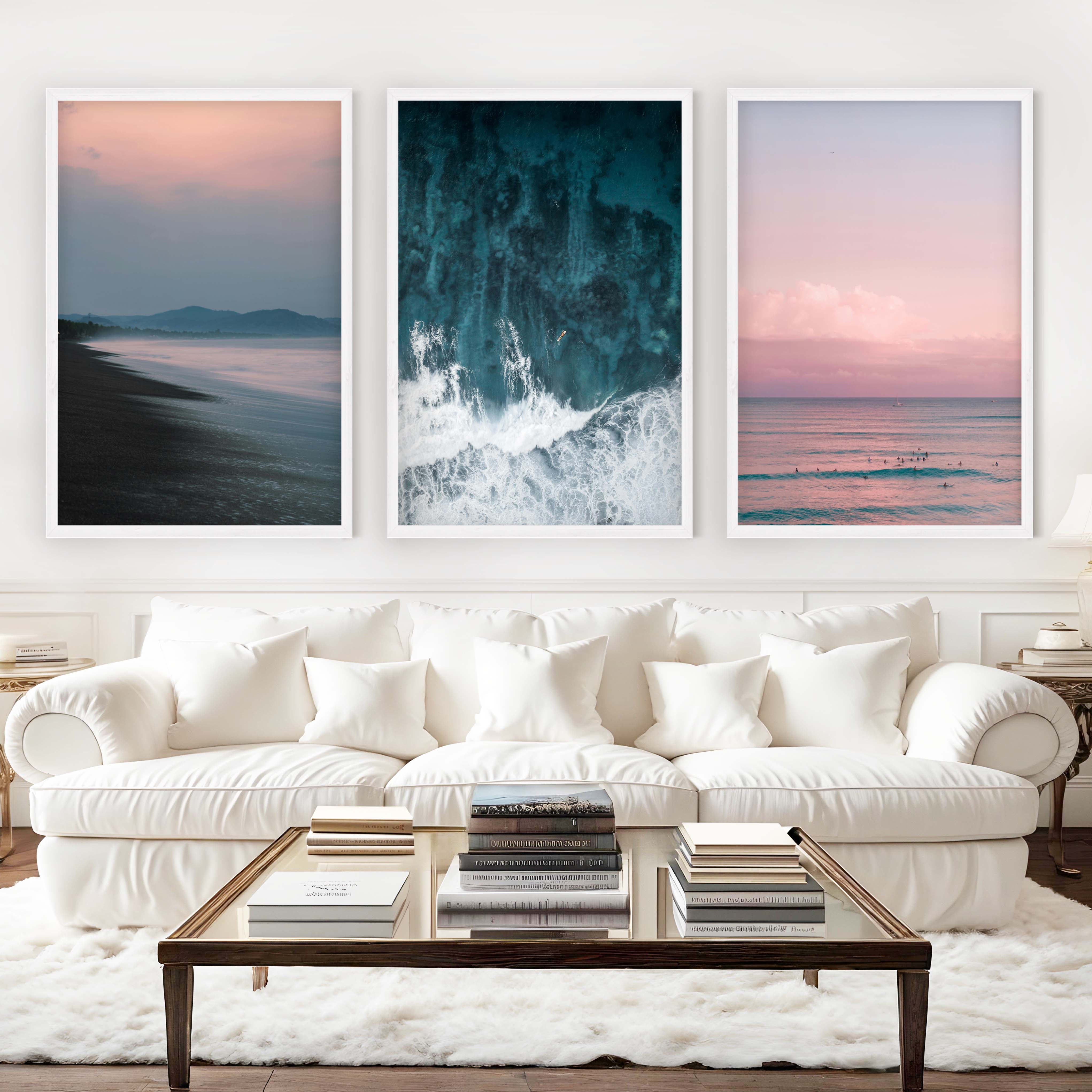 Beach Wall Art – Pink Sunset Over Ocean Shore (Set of 3) - White Framed Poster No Border - Artworksets