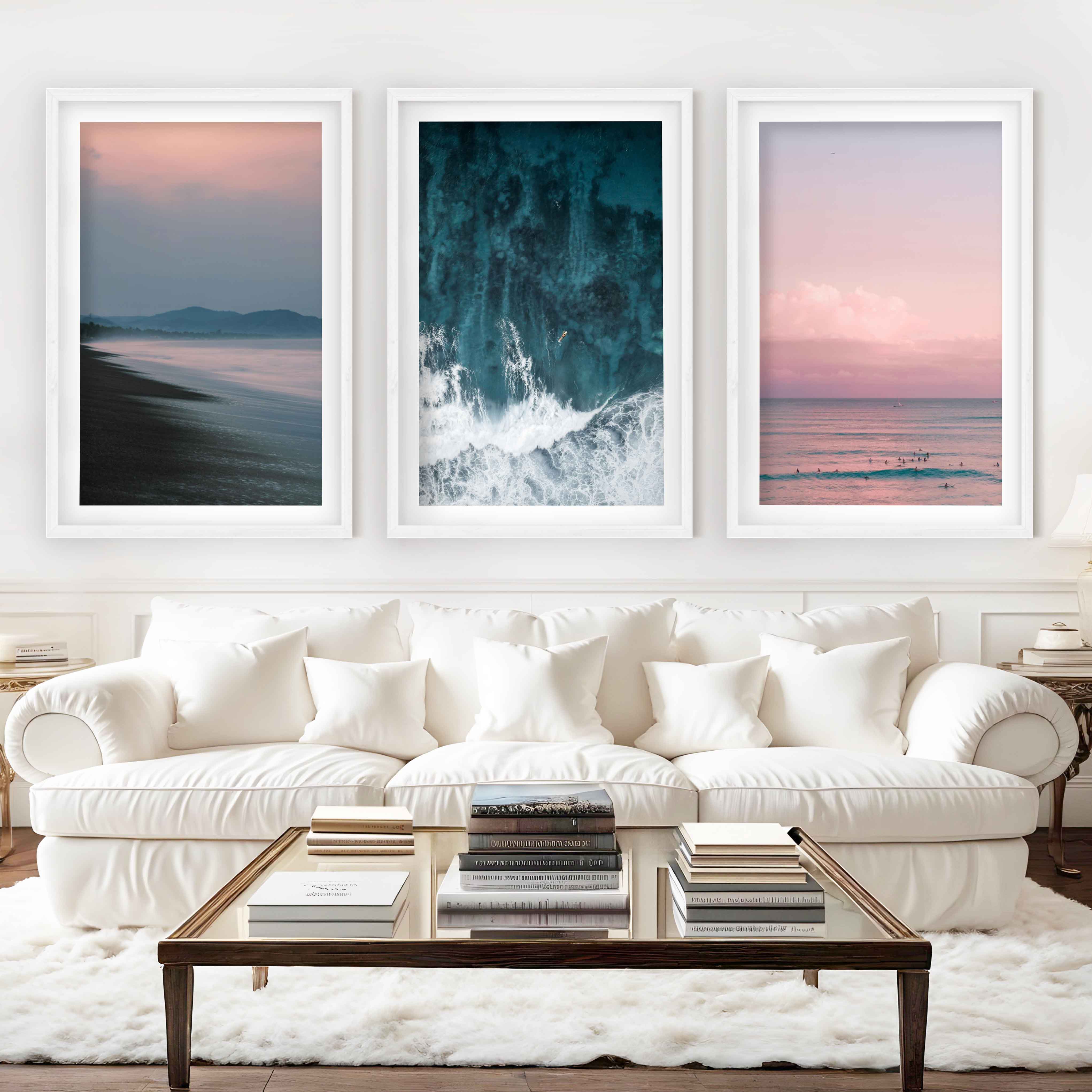 Beach Wall Art – Pink Sunset Over Ocean Shore (Set of 3) - White Framed Poster with White Border - Artworksets