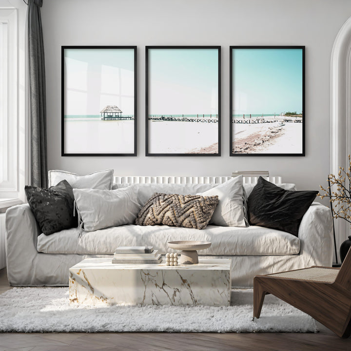 Beach wall art prints with a Quiet Pier Hut - Black Framed Poster No Border - Artworksets
