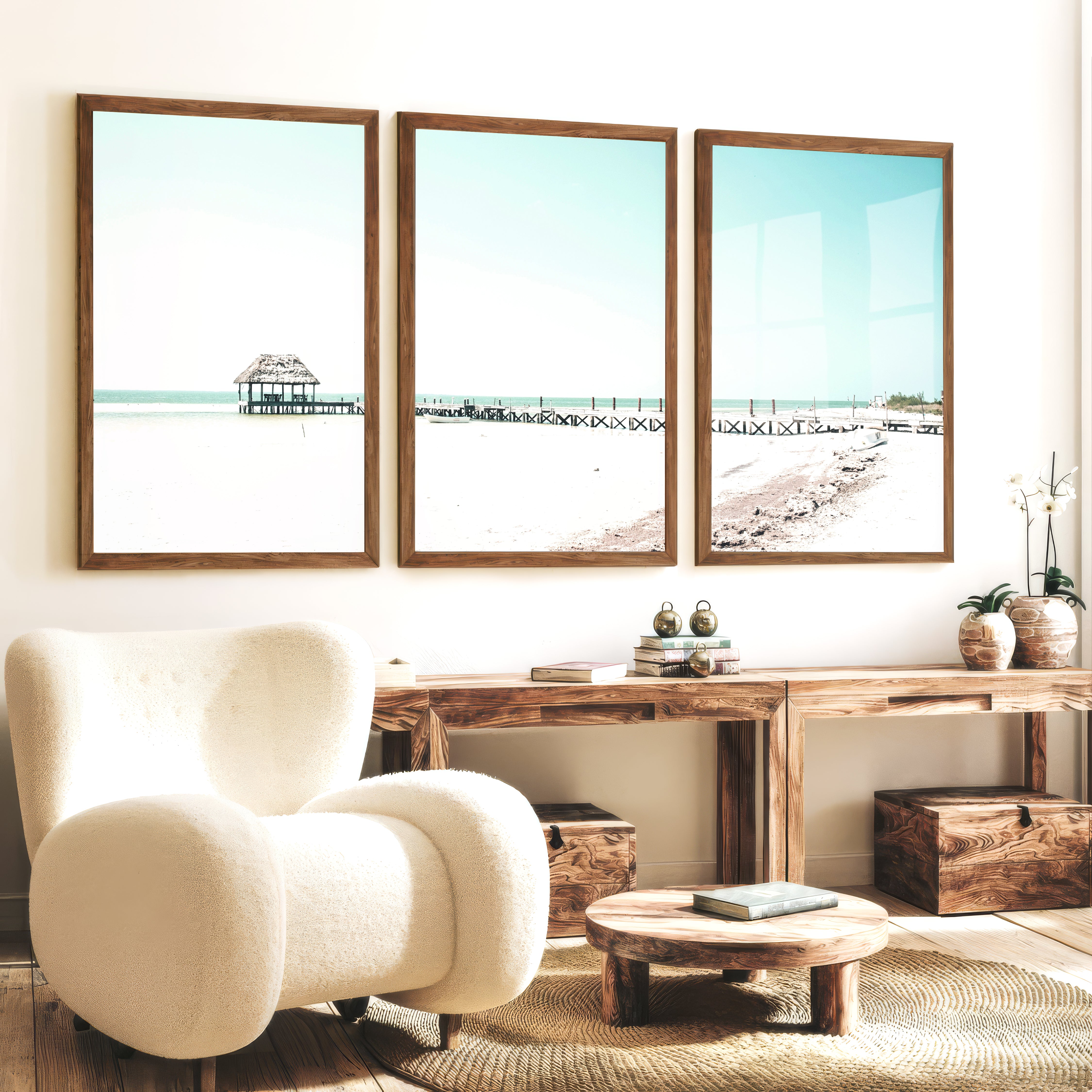 Beach wall art prints with a Quiet Pier Hut - Dark Brown Framed Poster No Border - Artworksets