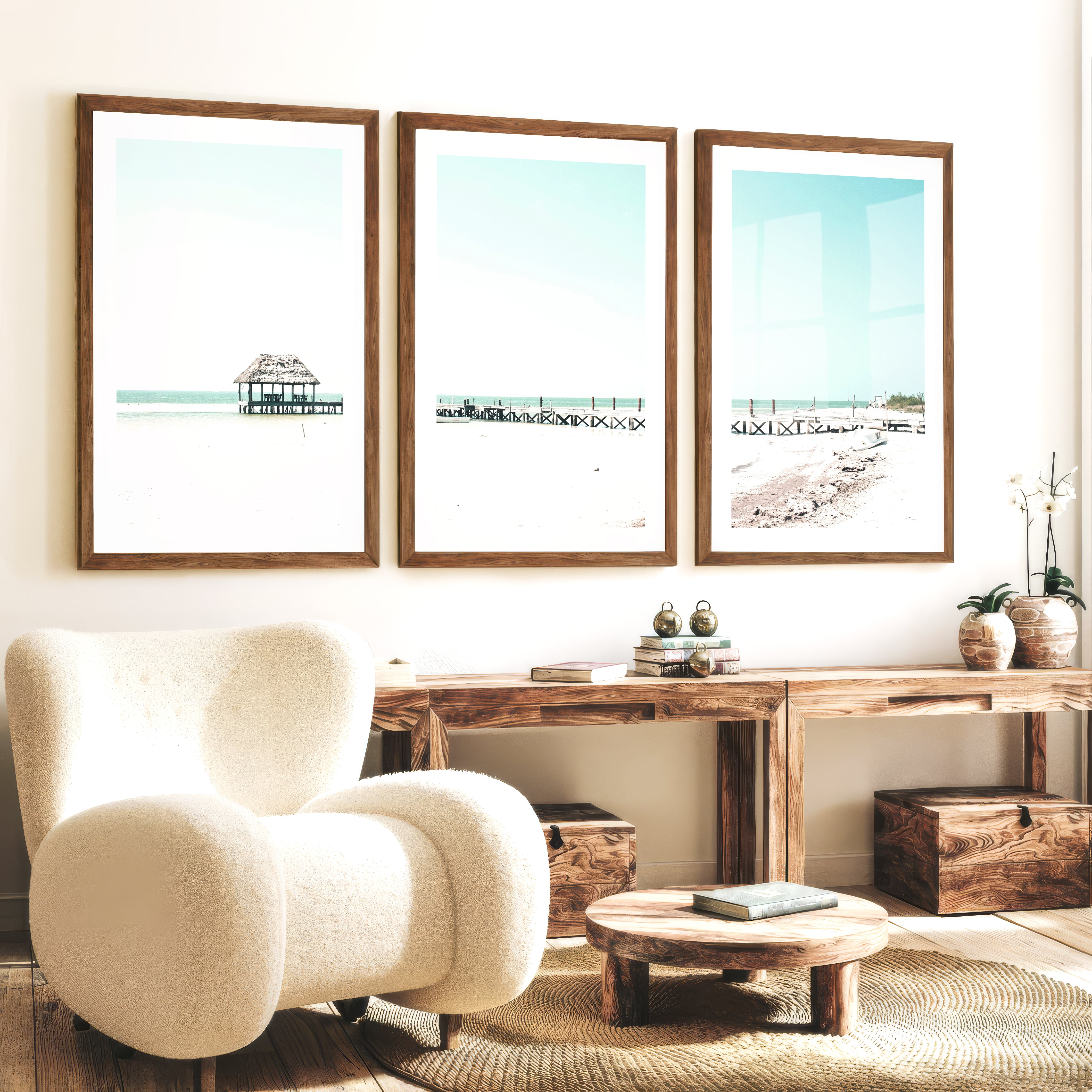Beach wall art prints with a Quiet Pier Hut - Dark Brown Framed Poster with White Border - Artworksets
