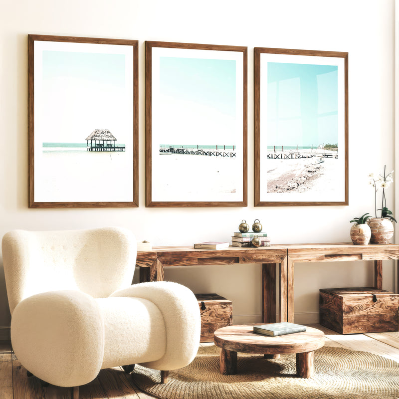 Beach wall art prints with a Quiet Pier Hut - Dark Brown Framed Poster with White Border - Artworksets