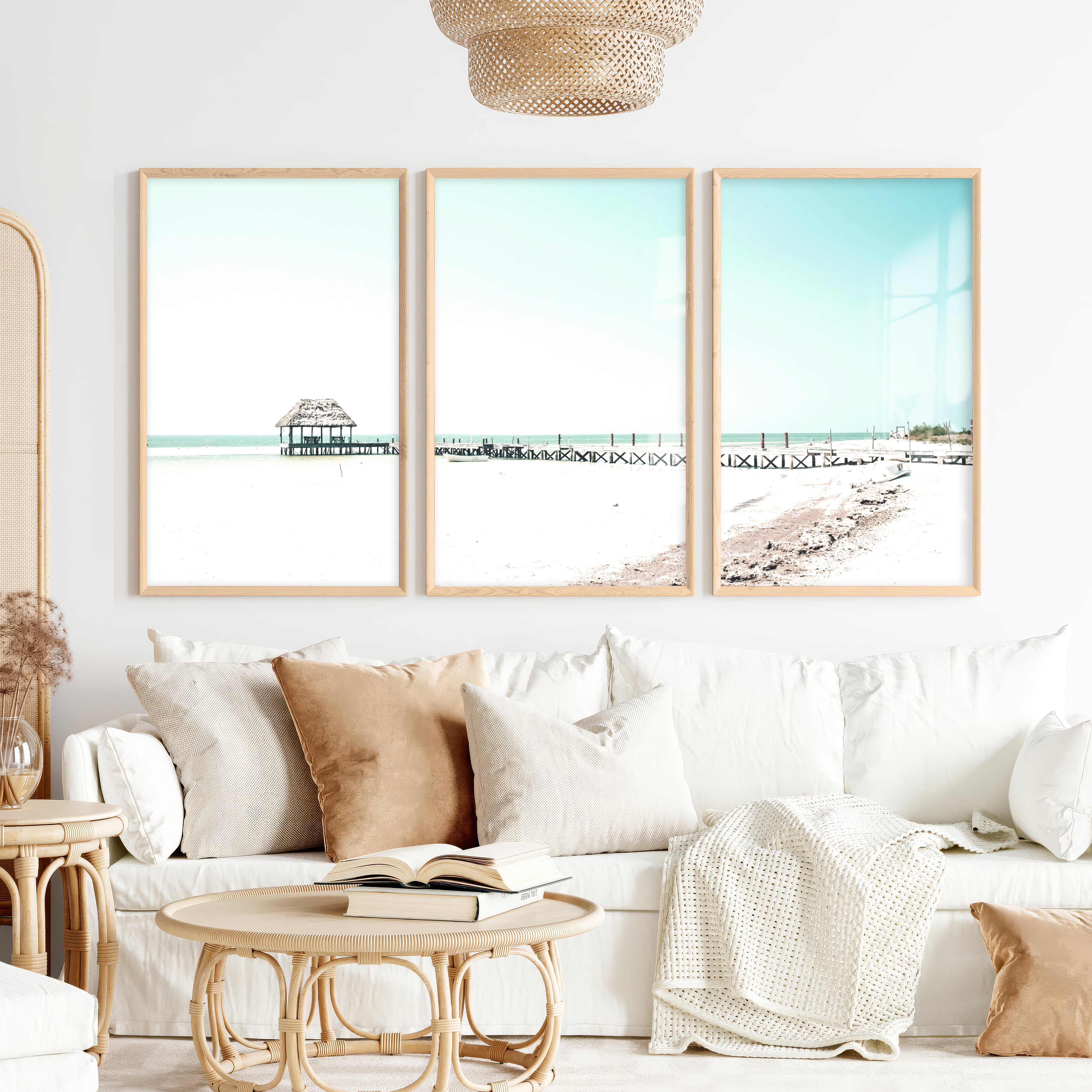 Beach wall art prints with a Quiet Pier Hut - Natural Wood Framed Poster No Border - Artworksets