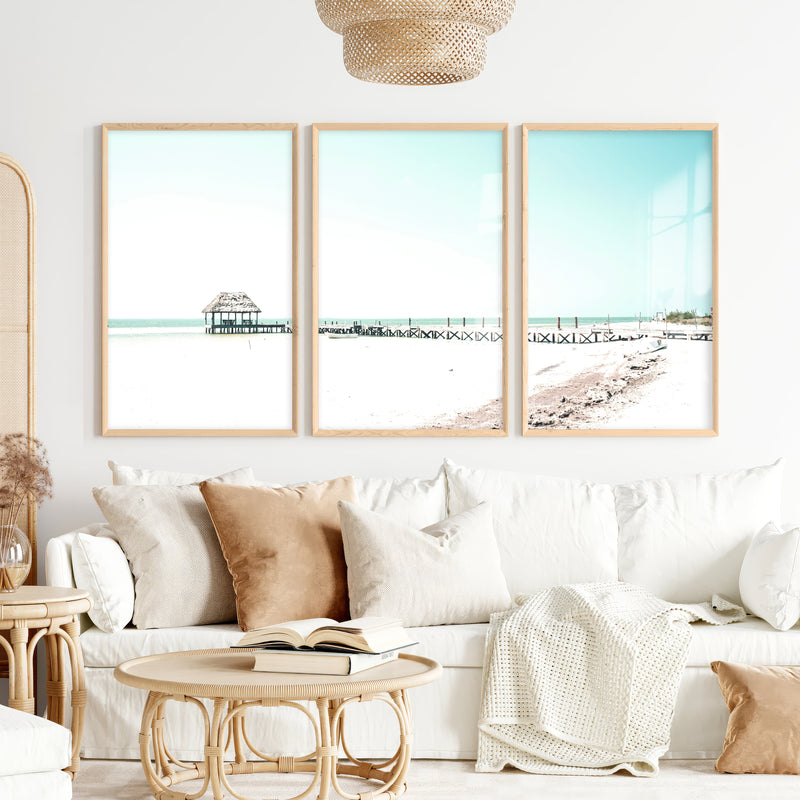 Beach wall art prints with a Quiet Pier Hut - Natural Wood Framed Poster No Border - Artworksets