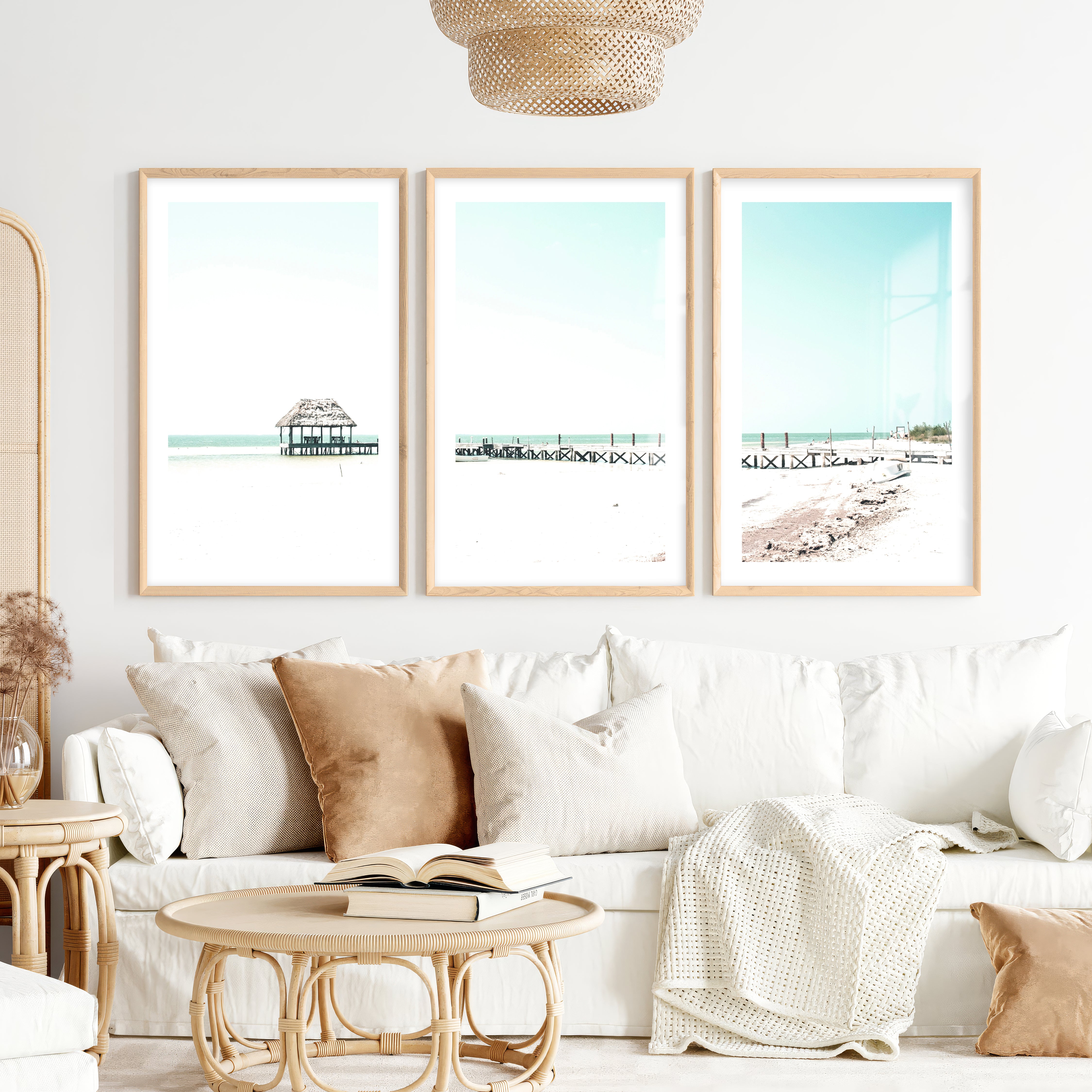 Beach wall art prints with a Quiet Pier Hut- Natural Wood Framed Poster with White Border - Artworksets