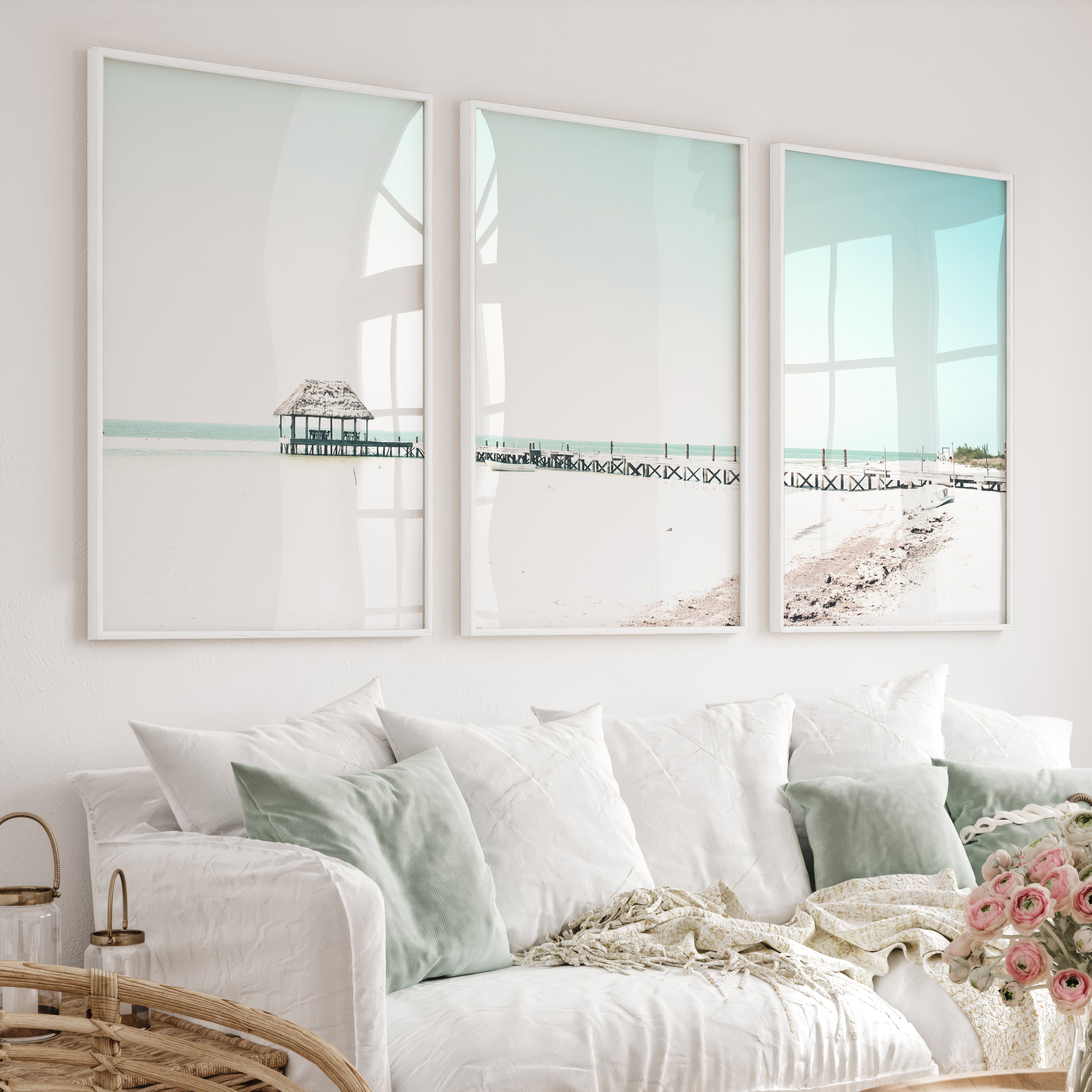 Beach wall art prints with a Quiet Pier Hut - White Framed Poster No Border - Artworksets