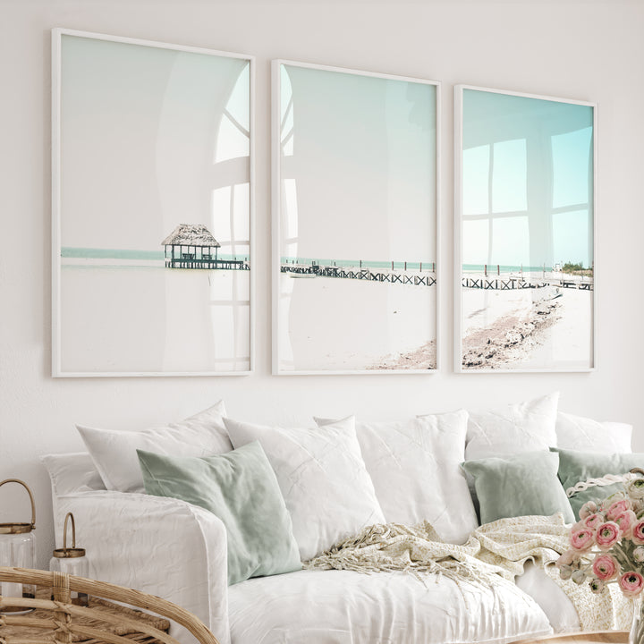 Beach wall art prints with a Quiet Pier Hut - White Framed Poster No Border - Artworksets
