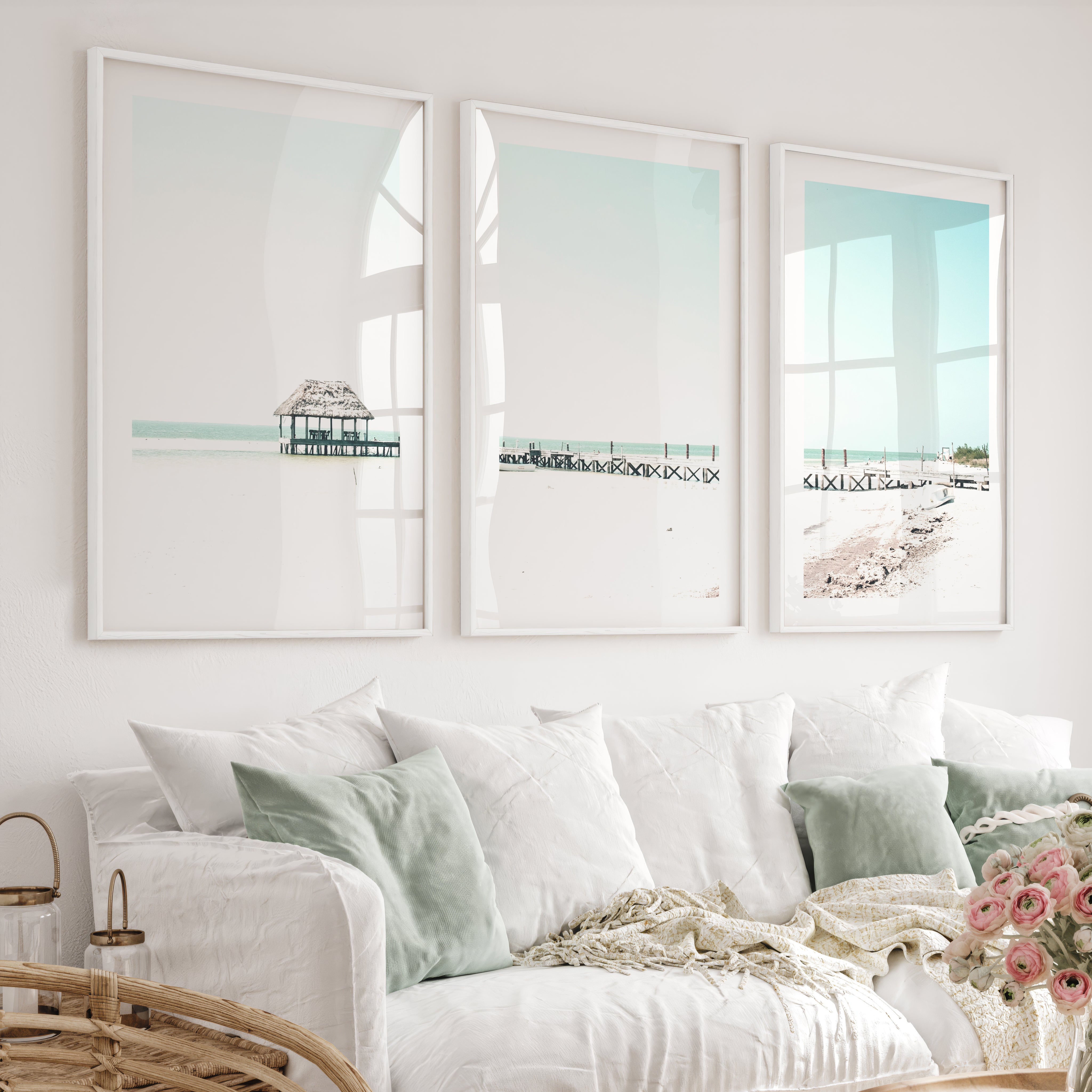 Beach wall art prints with a Quiet Pier Hut - White Framed Poster with White Border - Artworksets